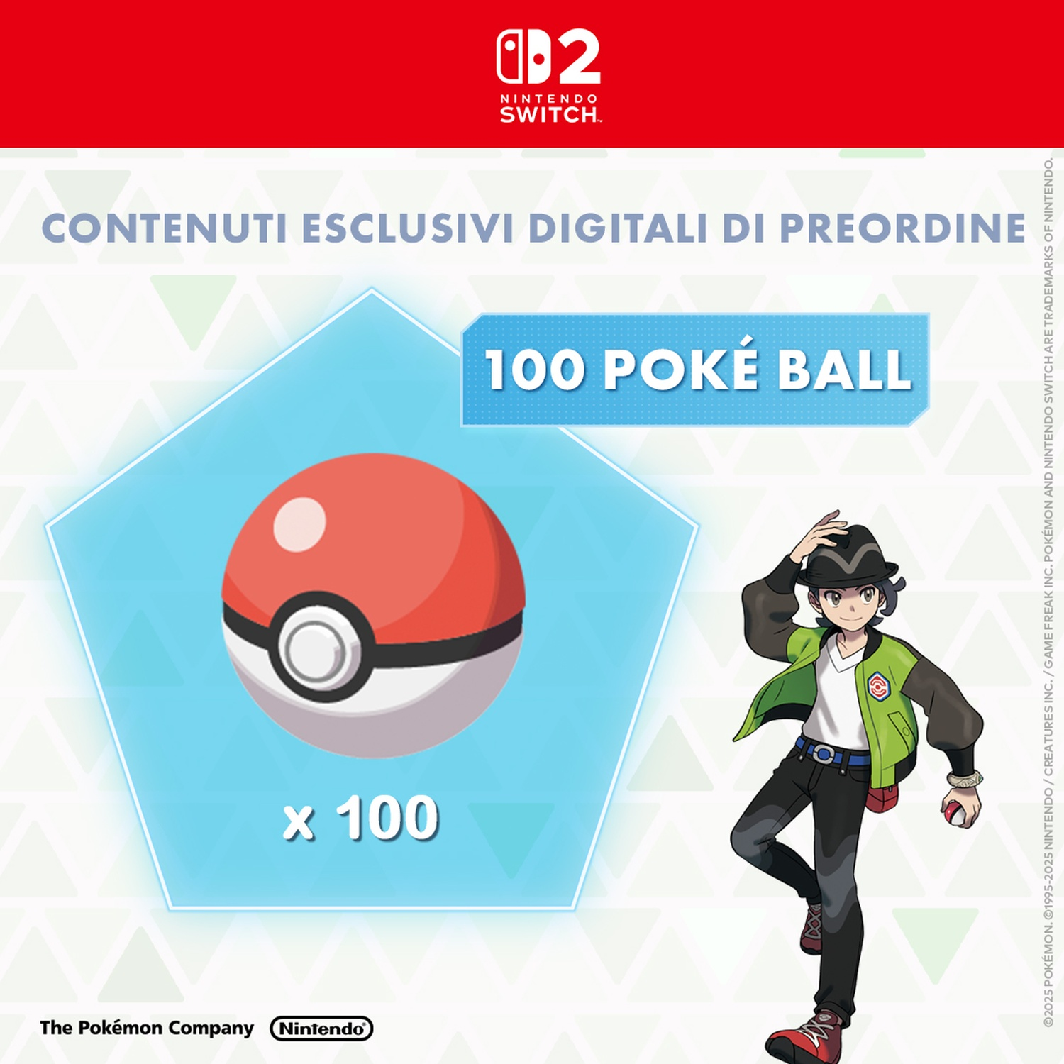 Una Poké Ball rossa e bianca in un pentagono blu con testo. Un personaggio con cappello e giacca verde a destra.