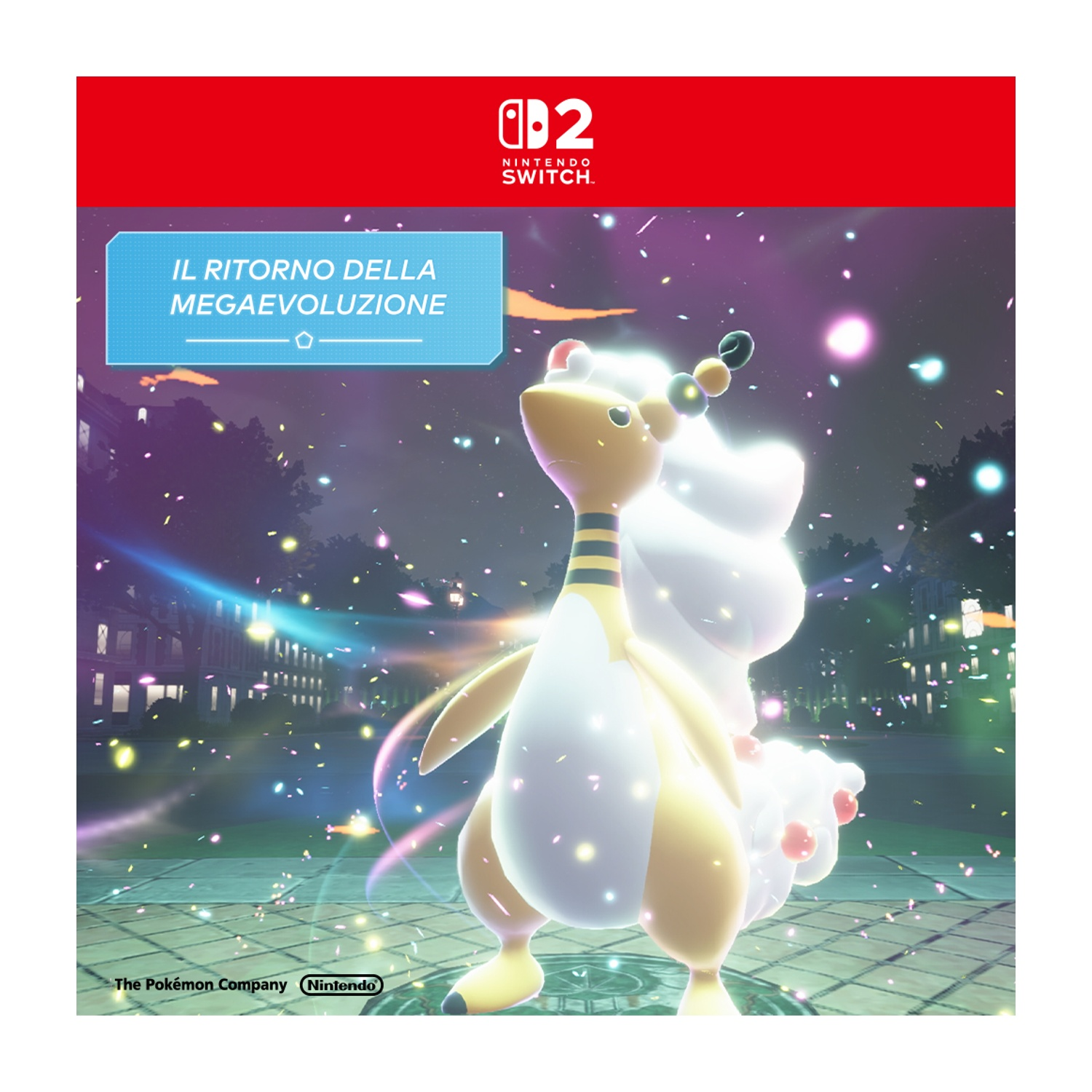 Copertina del gioco Pokemon. Una creatura gialla e bianca è in una città. Il titolo del gioco è 'Il Ritorno Della Megaevoluzione'.