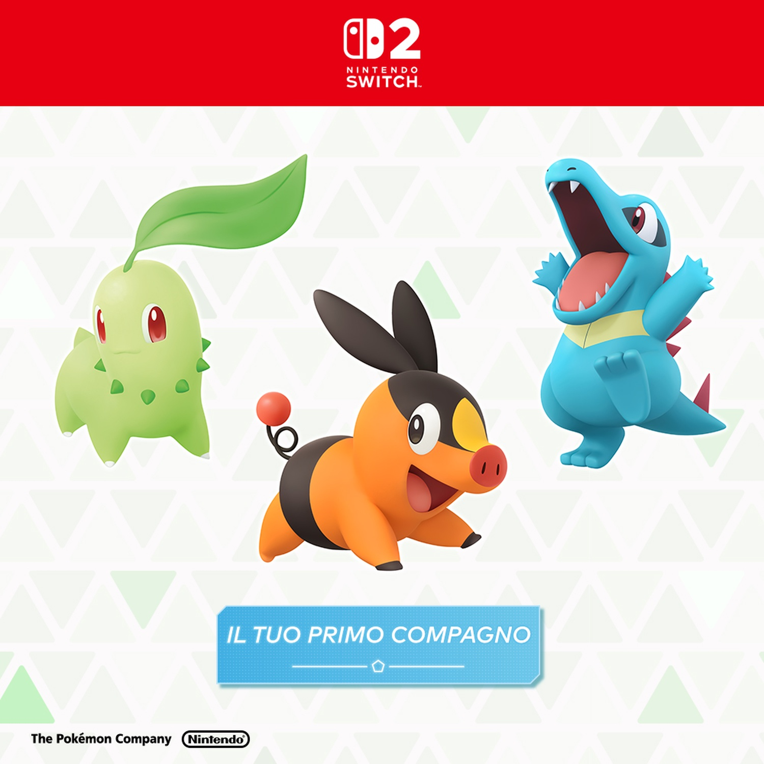 Tre personaggi Pokémon: Chikorita verde, Tepig arancione e Totodile blu. Logo Nintendo Switch e testo 'IL TUO PRIMO COMPAGNO'.