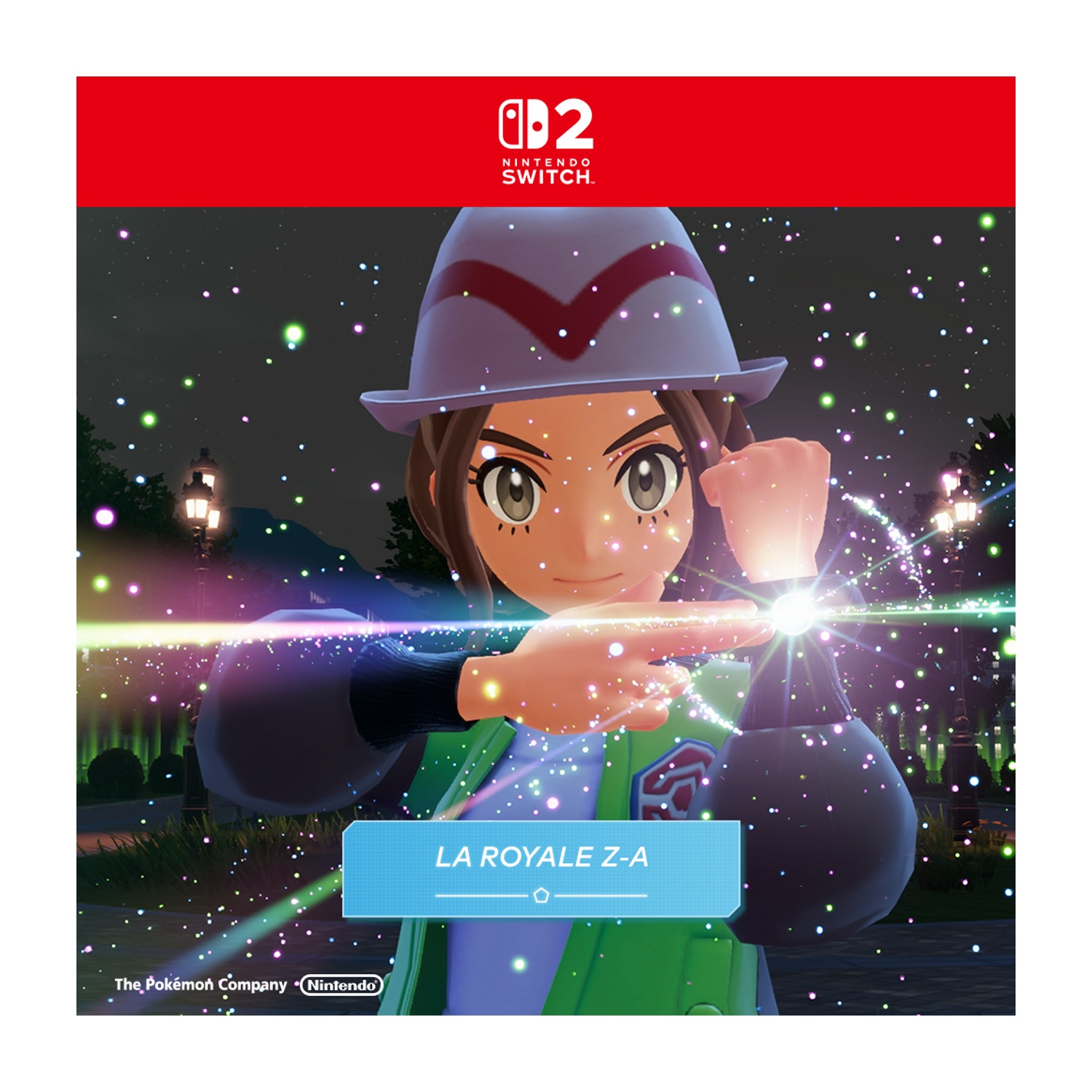 Un personaggio di Pokemon, con cappello e giacca verde, che tiene in mano un oggetto luminoso. Il testo "La Royale Z-A" è presente.