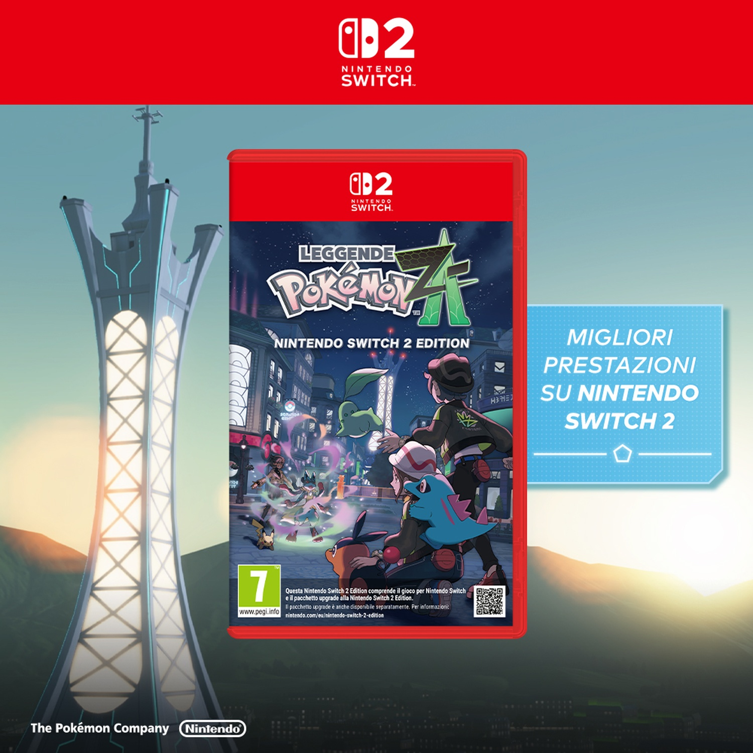 Una scatola di gioco per Nintendo Switch con personaggi di Pokémon. Un edificio alto a sinistra. Il testo dice 'Nintendo Switch 2 Edition'.