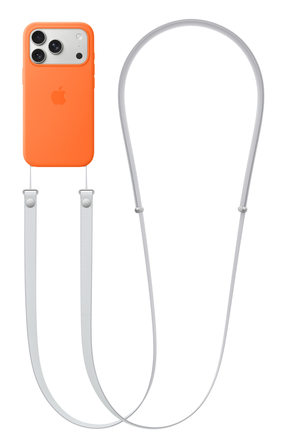 Pomarańczowe etui na telefon z logo Apple i białym paskiem. Obudowa ma wybrzuszenie na aparat. Pasek jest połączony z obudową.