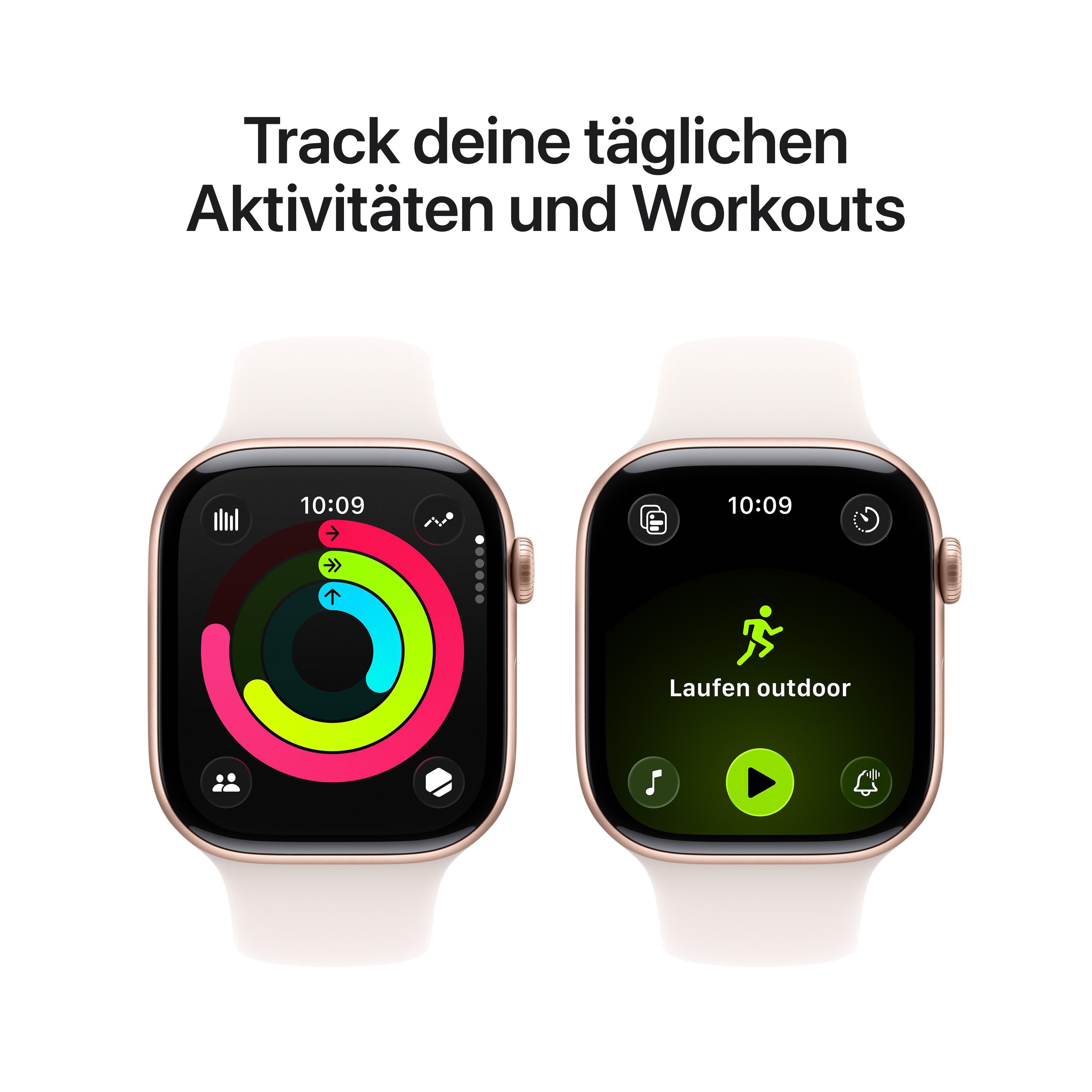 Zwei Apple Watches mit Aktivitäts- und Trainingsdaten. Weiße Armbänder, goldfarbenes Gehäuse, weißer Hintergrund.