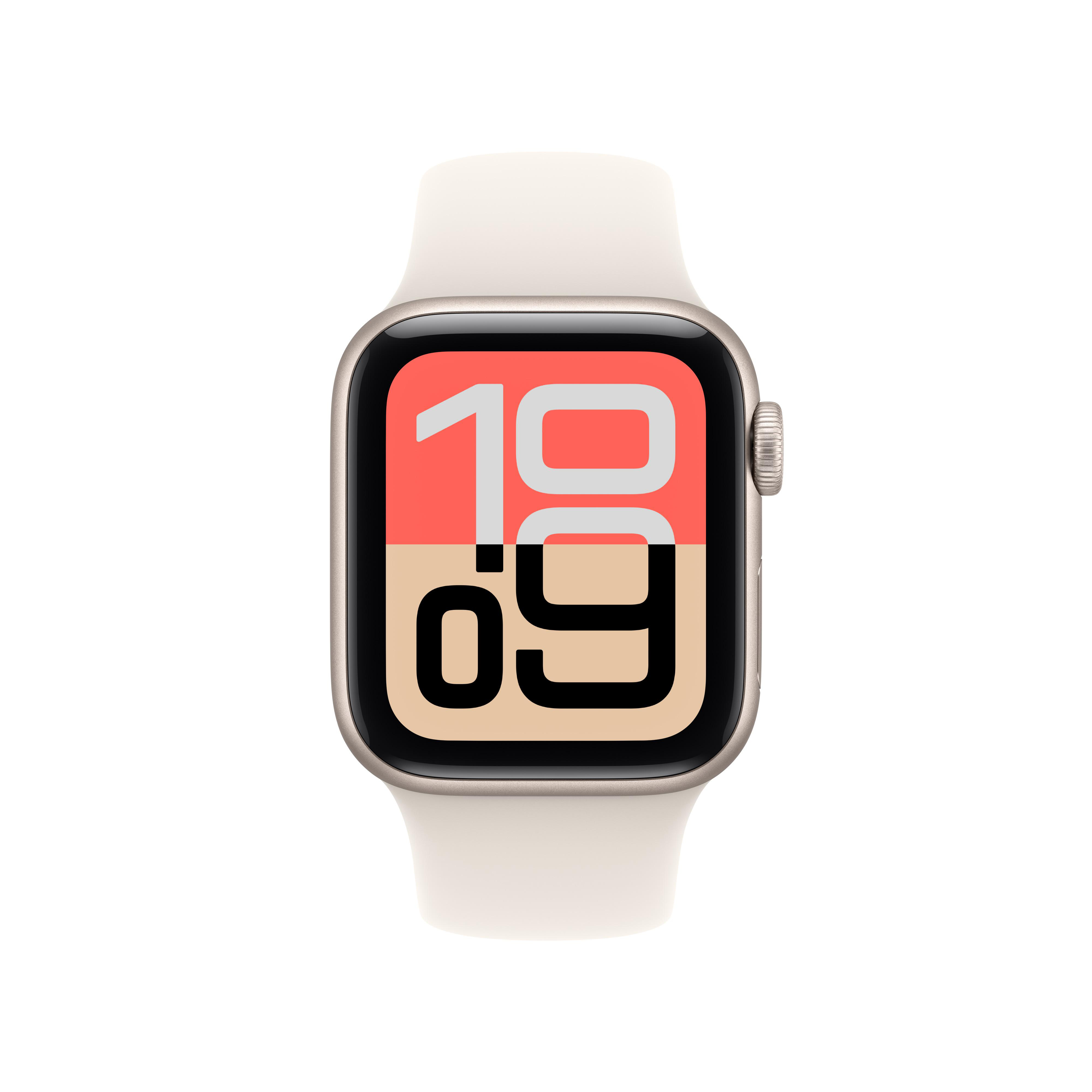 Eine cremefarbene Apple Watch zeigt die Uhrzeit 10:09. Das Armband ist ebenfalls cremefarben. Das Zifferblatt hat einen roten und beigen Hintergrund.