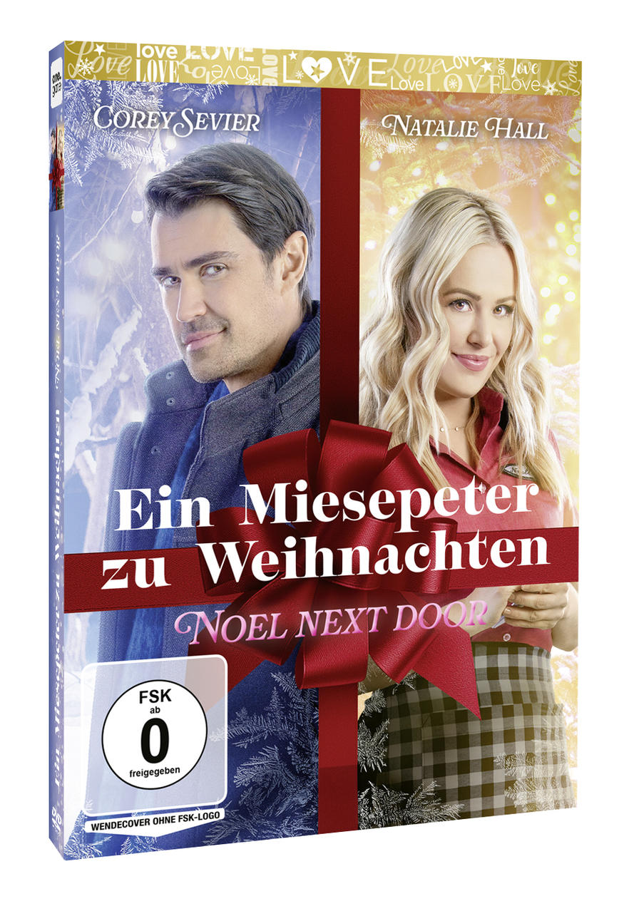 DVD-Cover für 'Ein Miesepeter zu Weihnachten'. Mit Corey Sevier und Natalie Hall, mit roter Schleife und festlichem Hintergrund.