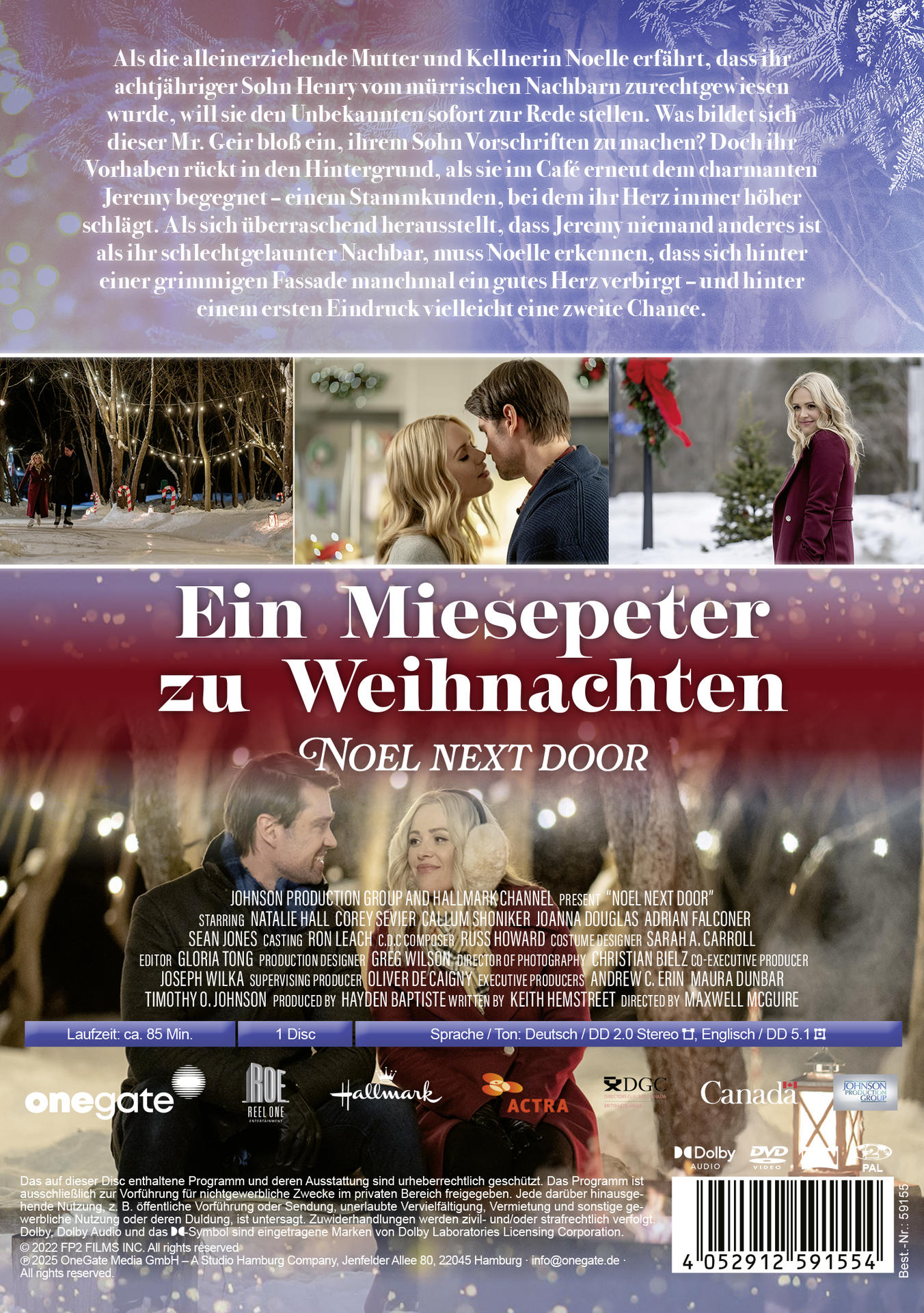 Poster für 'Noel Next Door'. Eine Frau und ein Mann umarmen sich. Text auf Deutsch und Englisch. Weihnachten.