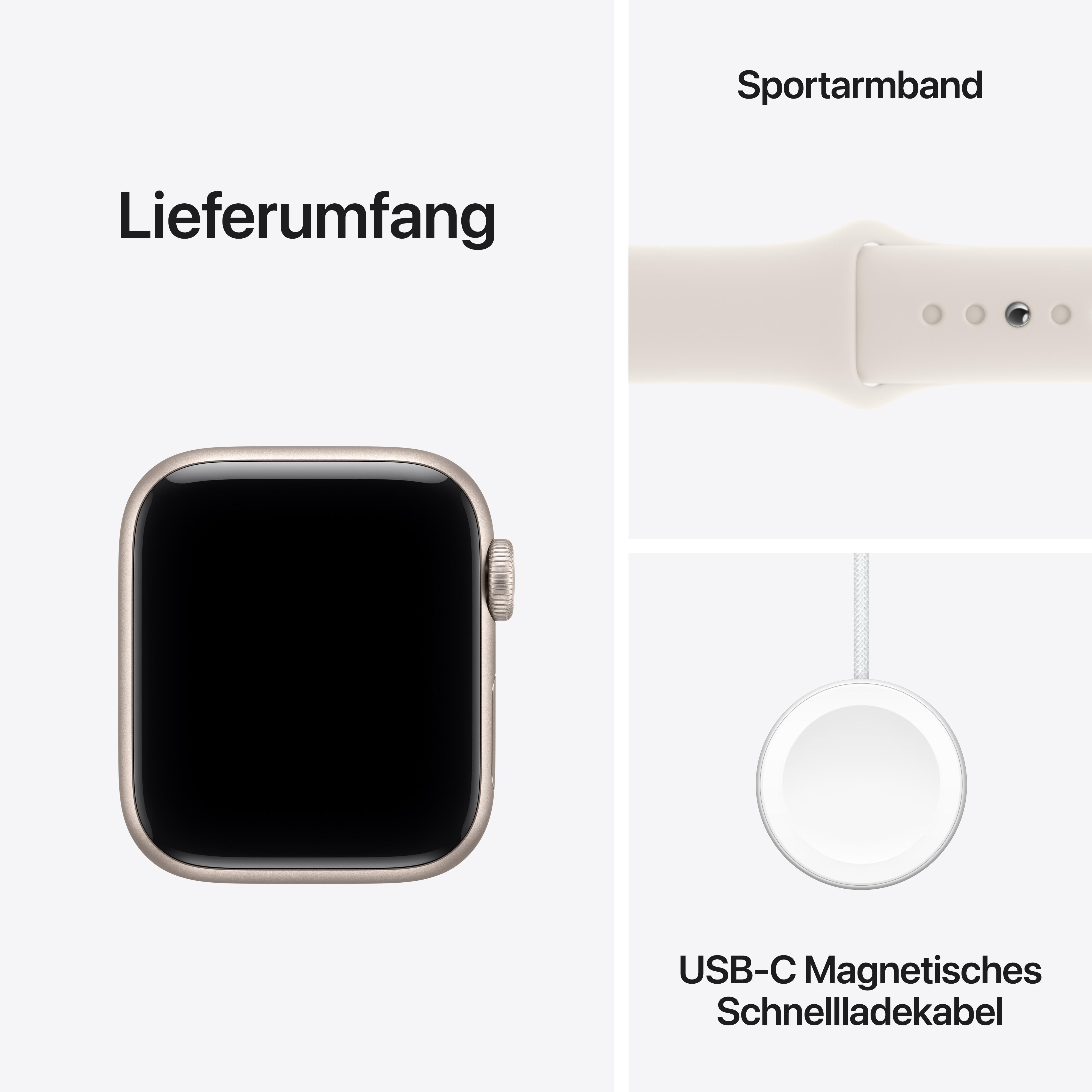 Eine Apple Watch mit Sportarmband und Ladegerät. Teile umfassen das Zifferblatt, das Band und das USB-C-Magnetladekabel.