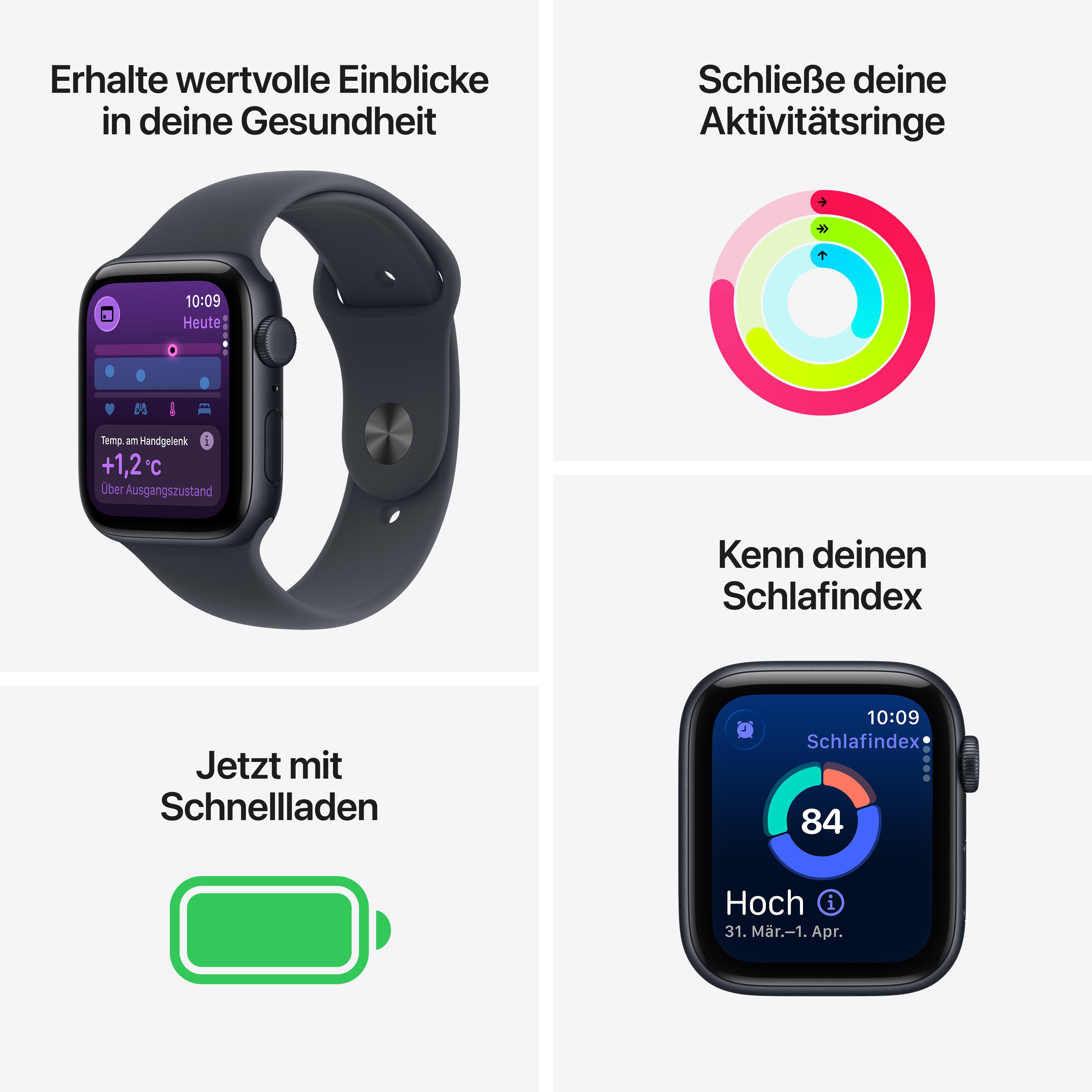 Eine Apple Watch zeigt Gesundheitsmetriken, Aktivitätsringe, Schlafindex und Schnellladen an. Die Uhr ist dunkelgrau mit schwarzem Bildschirm.