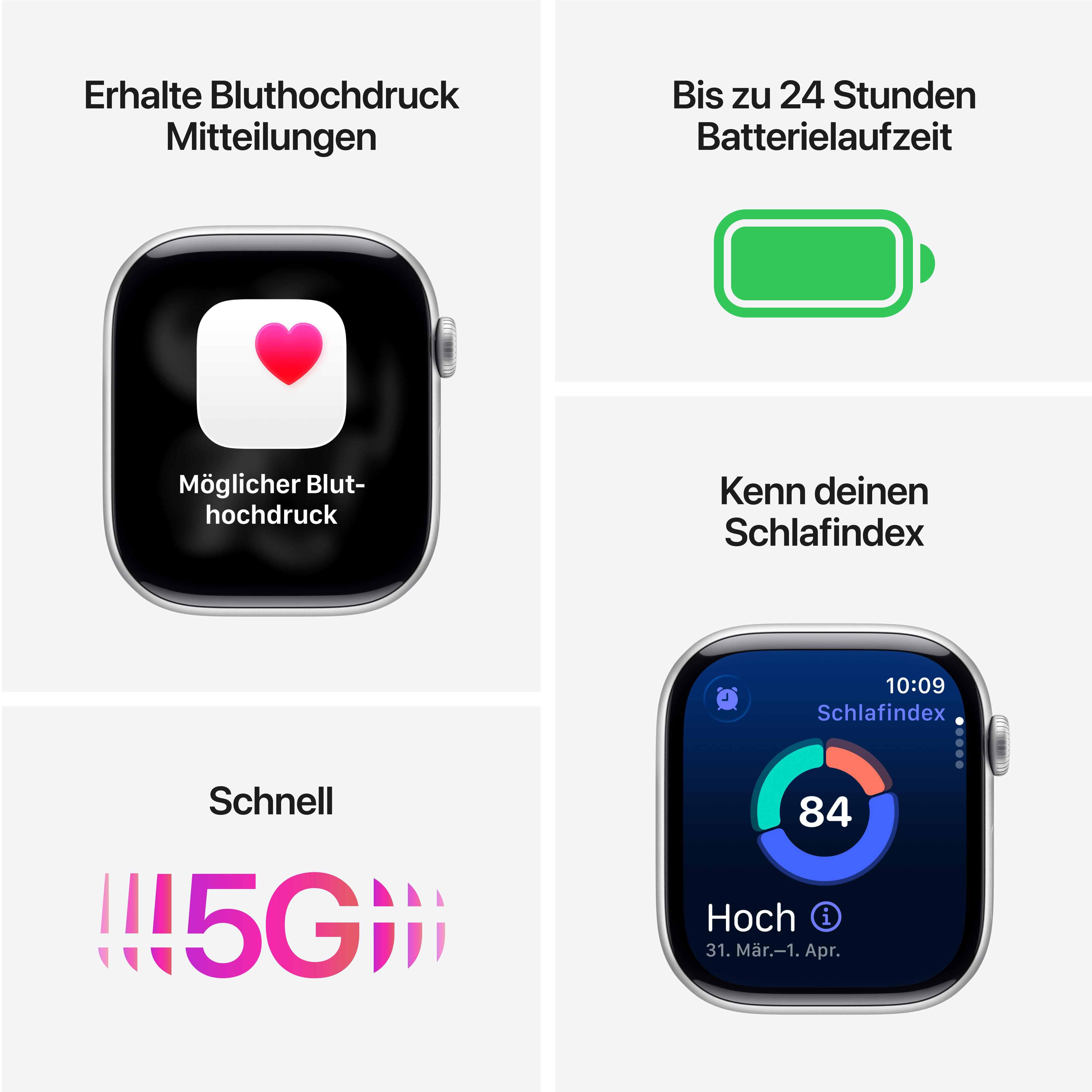 Das Bild zeigt eine Smartwatch mit Gesundheitsüberwachung, Batterielaufzeit, Schlafindex und 5G-Konnektivität.