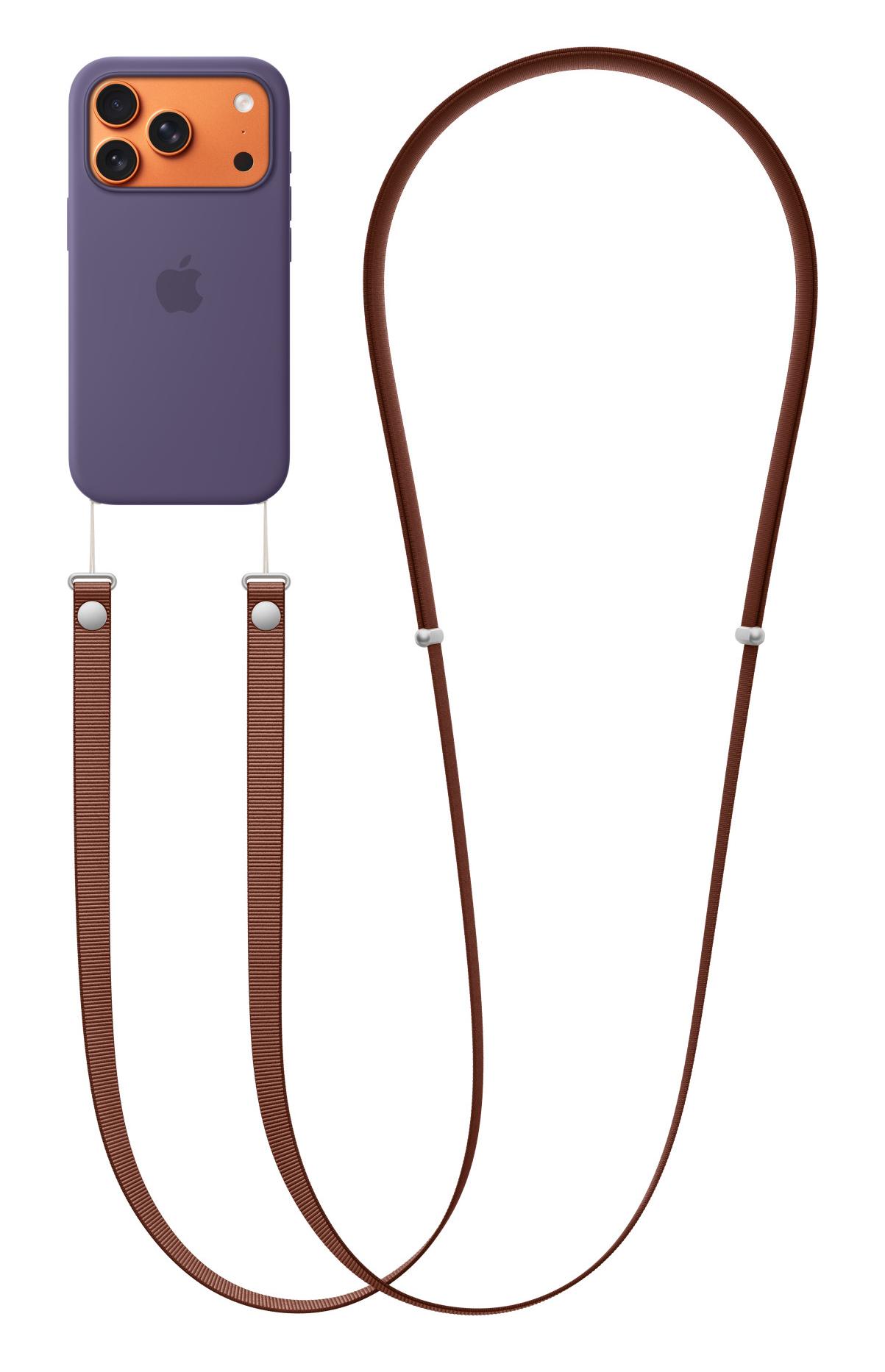 Fioletowe etui na telefon z pomarańczowym obszarem aparatu, brązowy pasek. Logo Apple. Białe tło. Pasek z dwóch części.