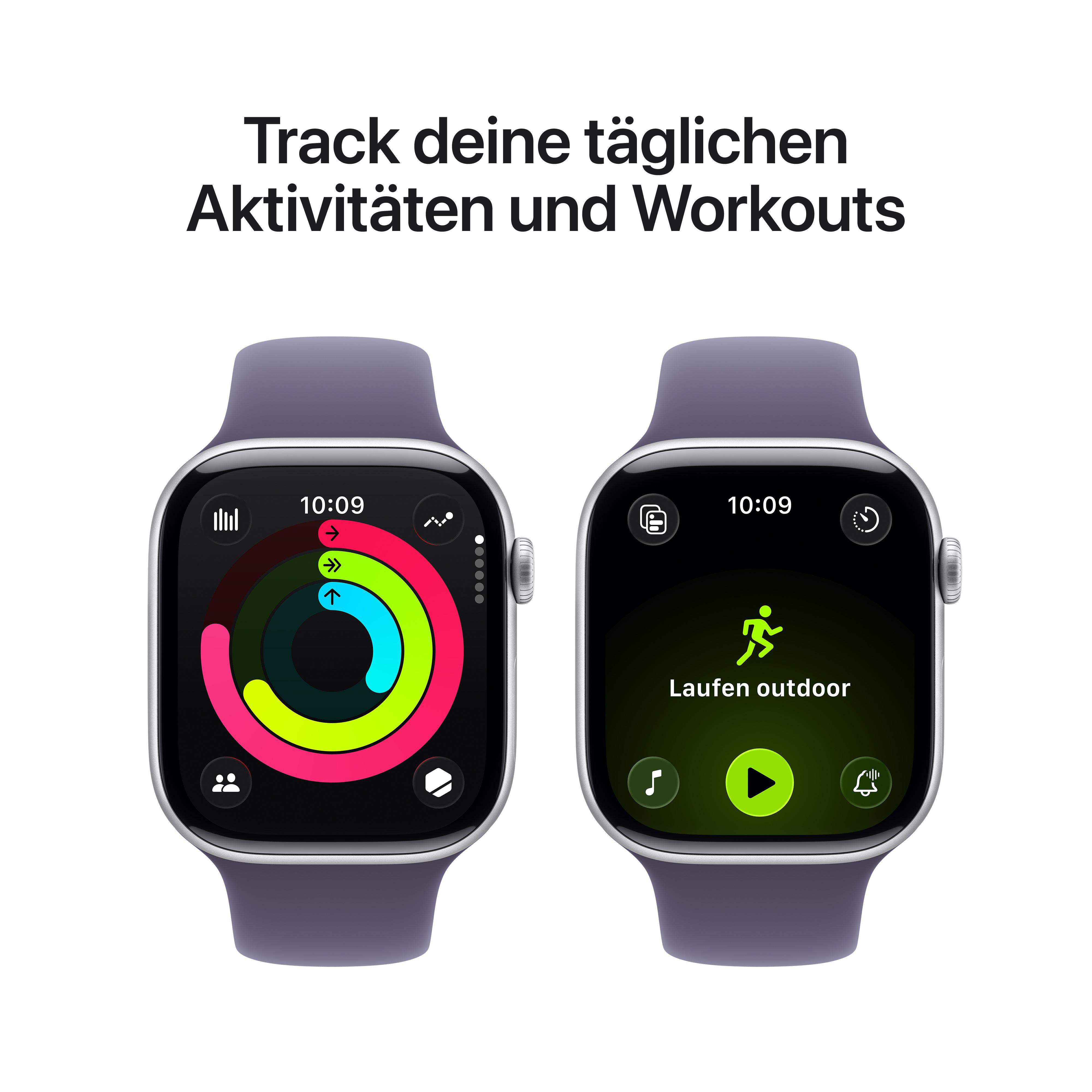Zwei Smartwatches mit lila Armbändern. Eine zeigt Aktivitätsringe, die andere Outdoor-Laufen. Text: 'Verfolge deine Aktivitäten'.