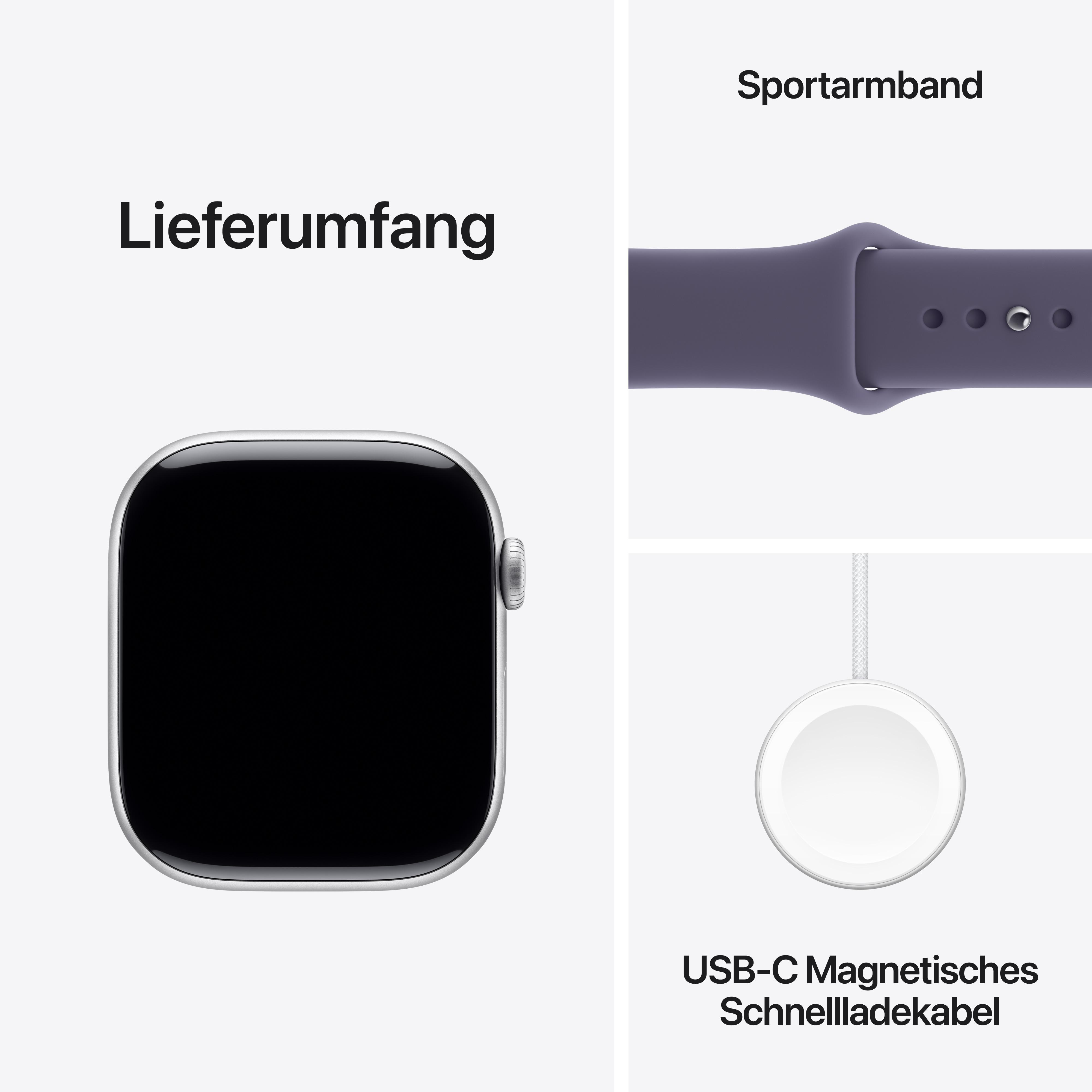 Eine Apple Watch, ein Sportarmband und ein magnetisches Ladekabel werden auf weißem Hintergrund präsentiert. Text zeigt die enthaltenen Artikel.