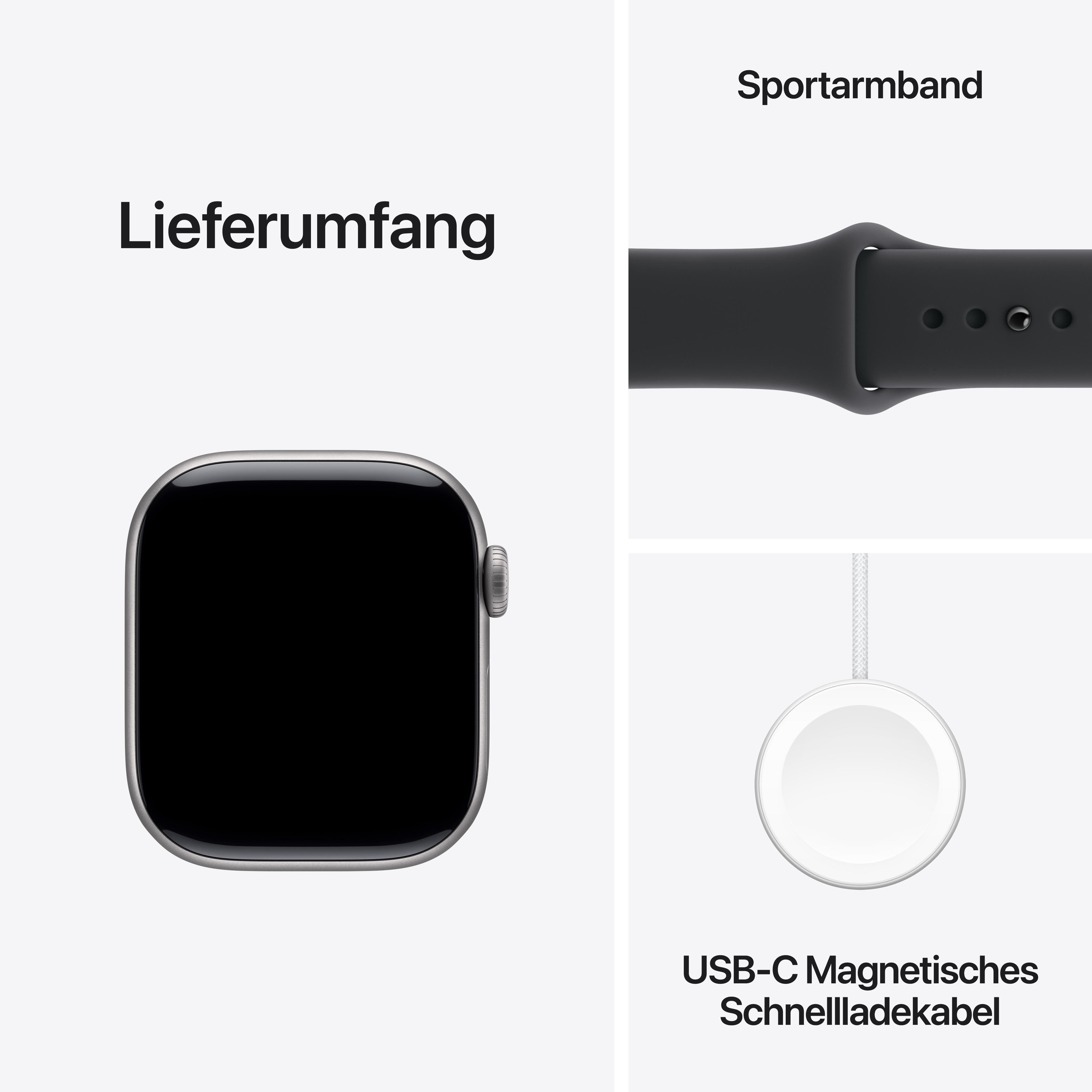 Das Bild zeigt eine Apple Watch, Sportarmband und ein magnetisches USB-C-Ladekabel auf weißem Hintergrund. Die Uhr hat einen schwarzen Bildschirm.