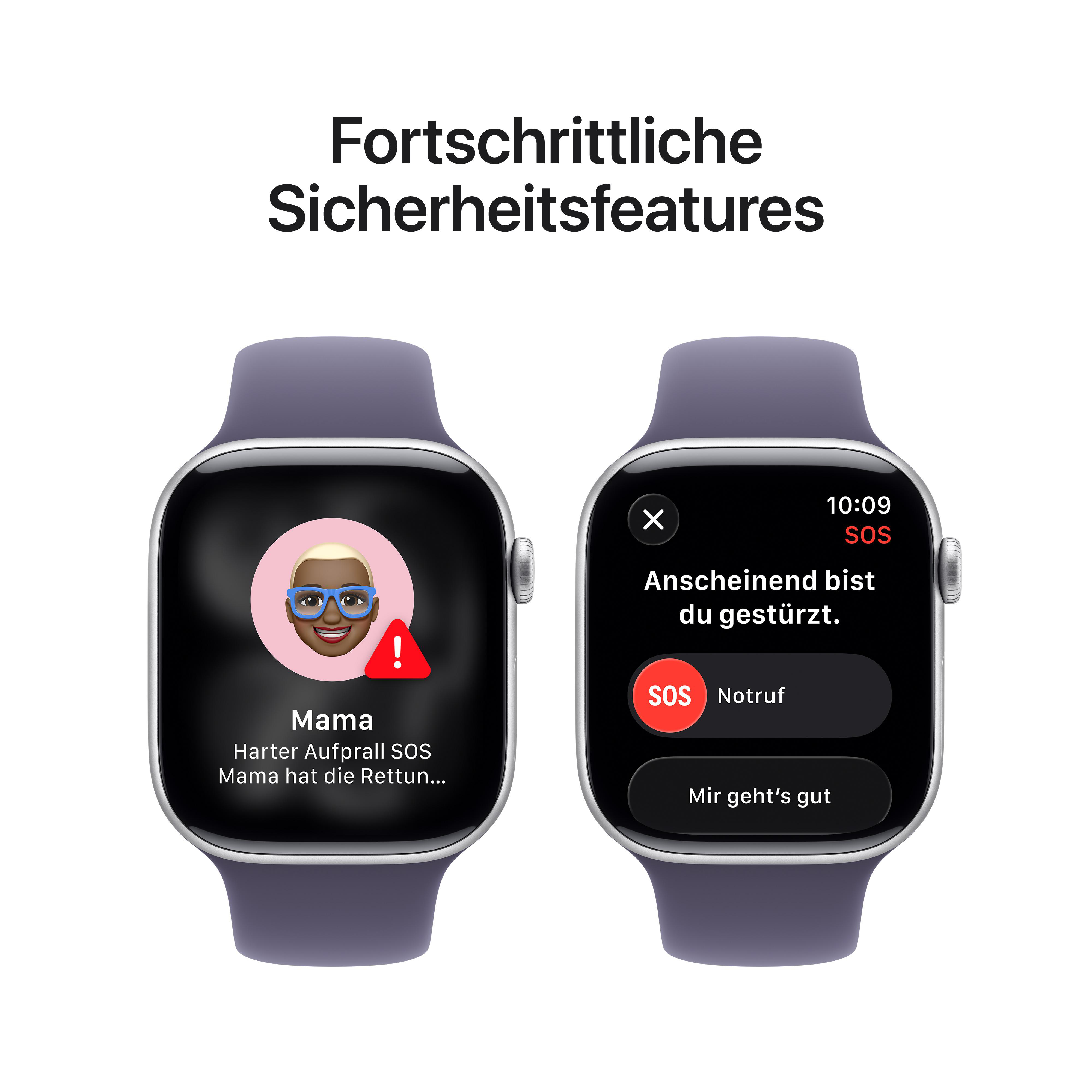 Zwei Smartwatches zeigen Notfallmeldungen. Eine zeigt einen Kontakt und ein Ausrufezeichen, die andere fragt: 'Geht es Ihnen gut?'