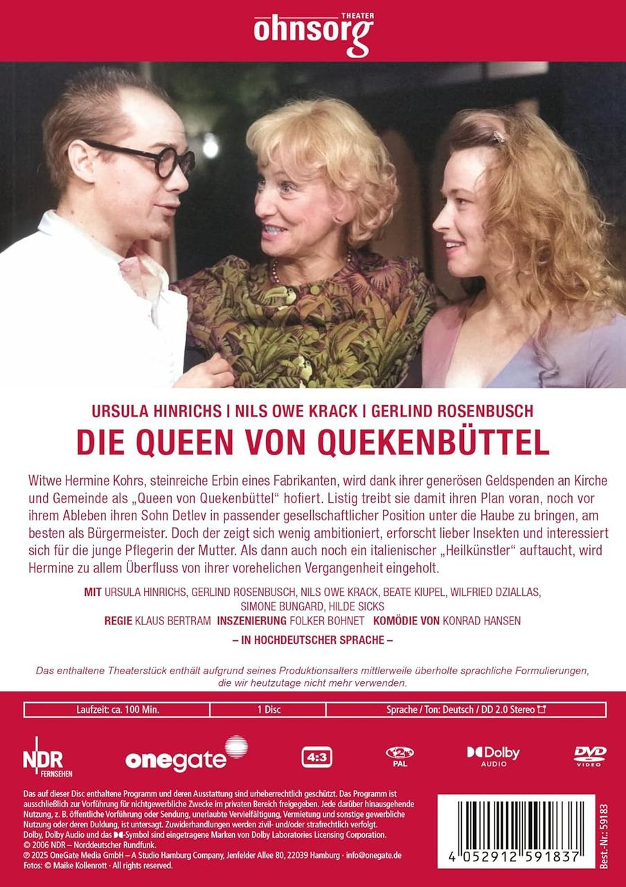 DVD-Cover mit drei Schauspielern, Text auf Deutsch, Titel 'Die Queen von Quekenbüttel'. Enthält Logos für NDR, Onegate, Dolby und DVD.