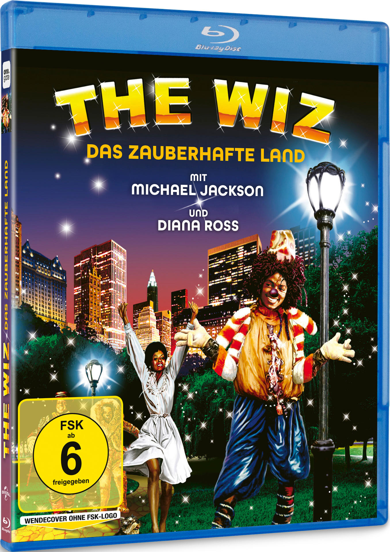 Blu-ray-Cover von 'The Wiz' mit Michael Jackson und Diana Ross. Der Titel ist in Gold, Sterne im Hintergrund, mit Skyline.