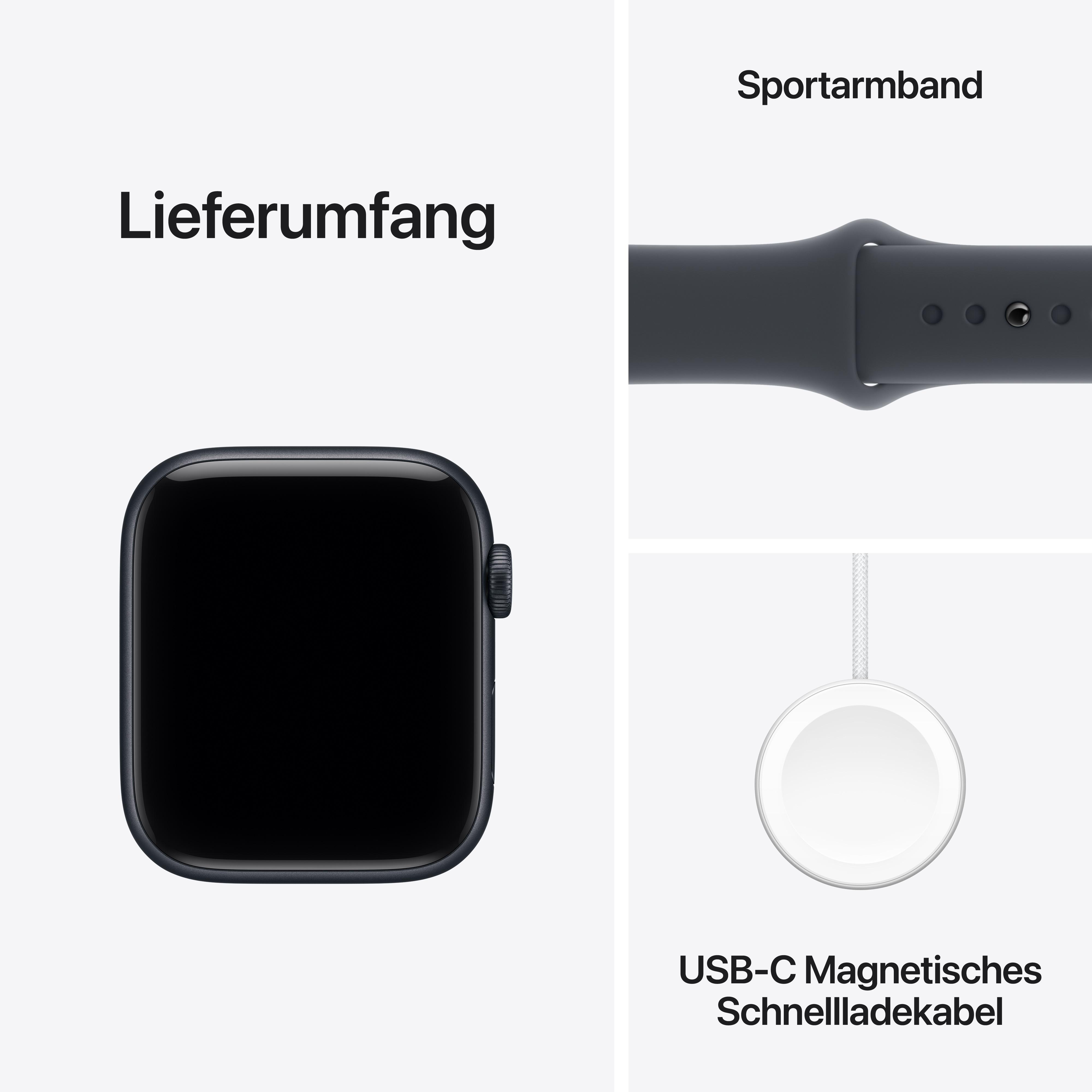 Eine Apple Watch mit schwarzem Bildschirm, Sportarmband und magnetischem Ladekabel. Die Uhr ist dunkelblau.