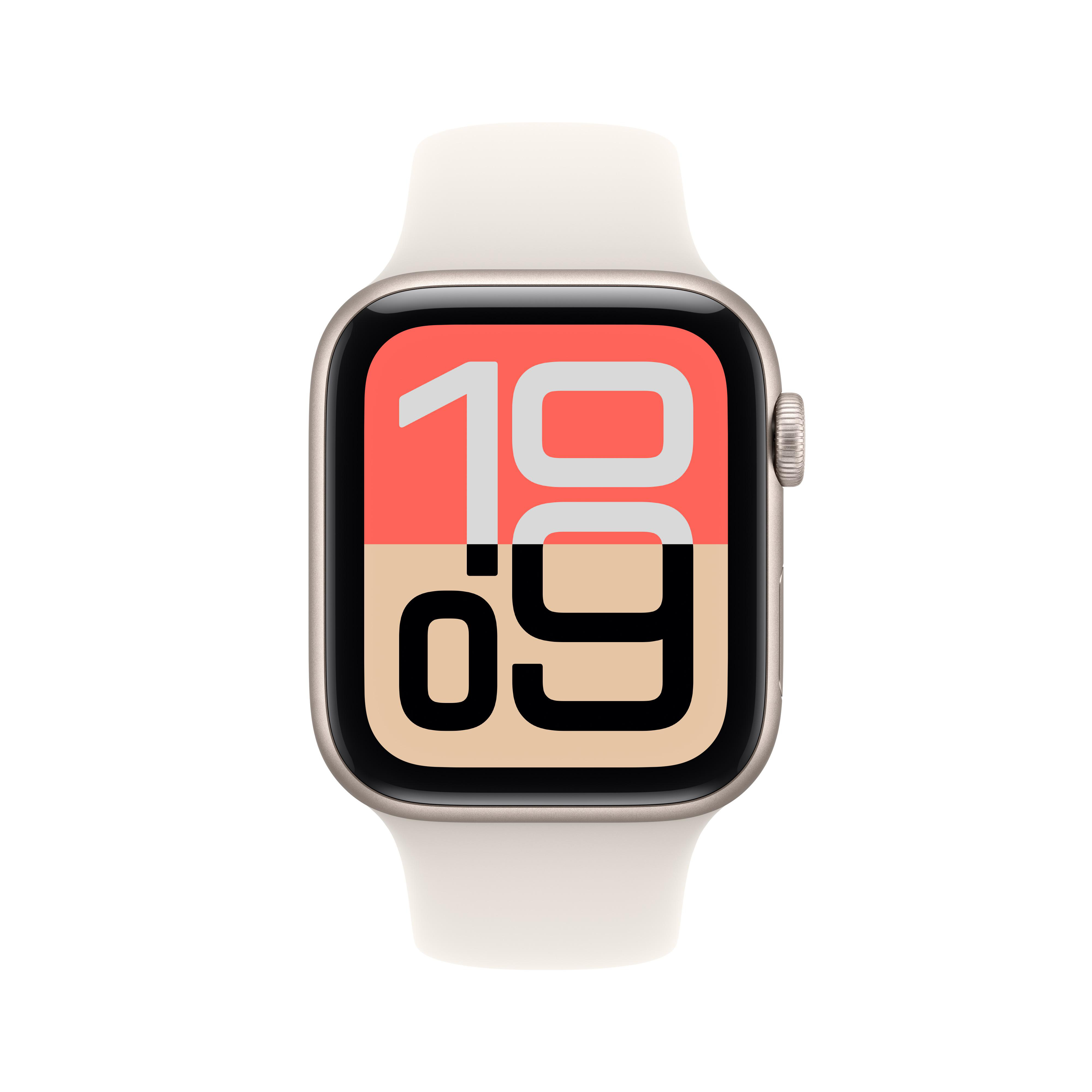 Eine Apple Watch mit weißem Armband, die die Uhrzeit 10:09 anzeigt. Die Uhr hat ein silbernes Gehäuse und eine Digitalanzeige.
