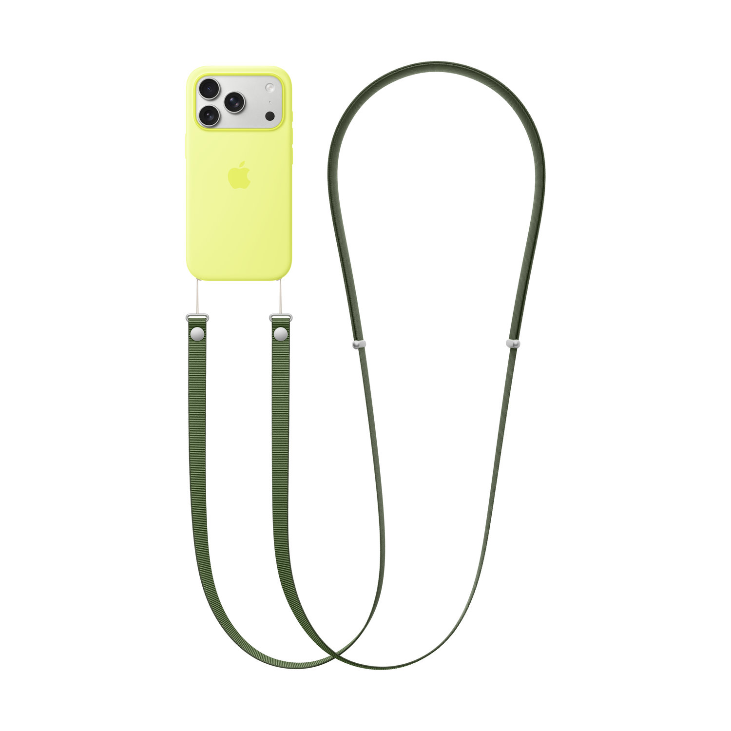 Een gele iPhone-hoes met een groene band. De hoes heeft een Apple-logo. De band heeft metalen sluitingen.