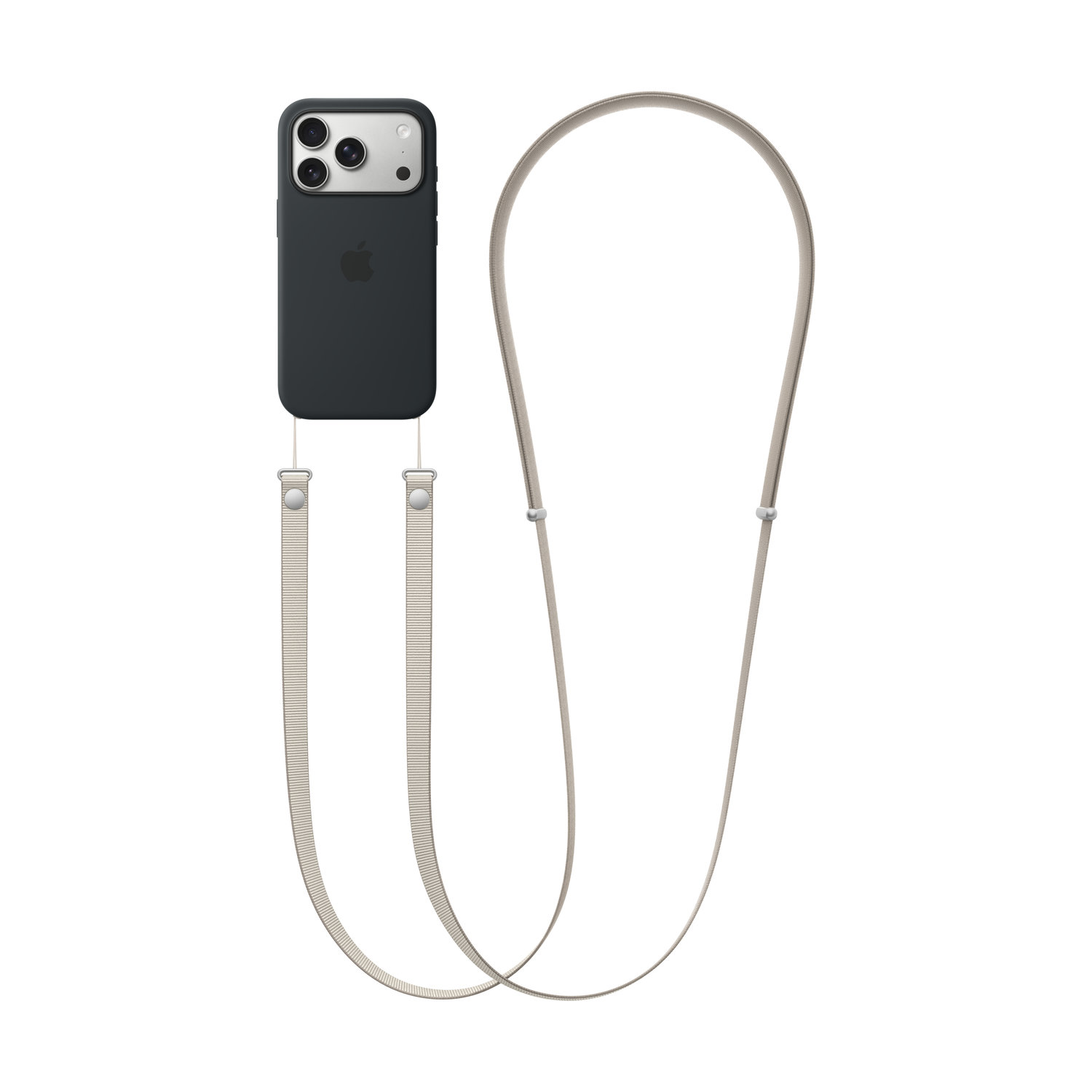 Zwarte iPhone met een lichtbeige lanyard. De telefoon heeft drie camera's en het Apple-logo. Witte achtergrond.