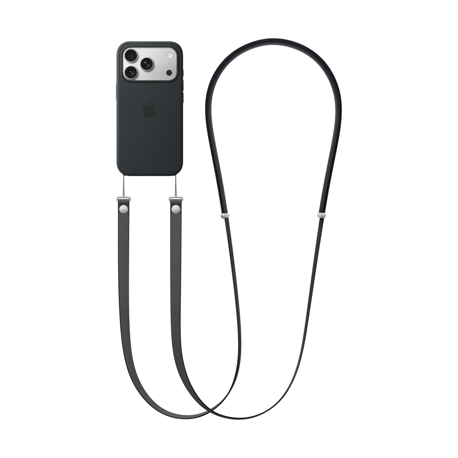 Een zwarte iPhone met een zwarte hoes en een zwart koord, tegen een witte achtergrond.