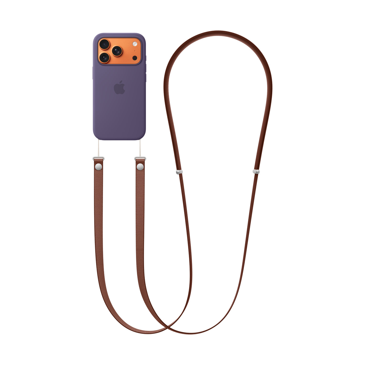 Coque de téléphone violette avec un module caméra orange et une sangle marron. Le logo Apple est visible. Fond blanc.