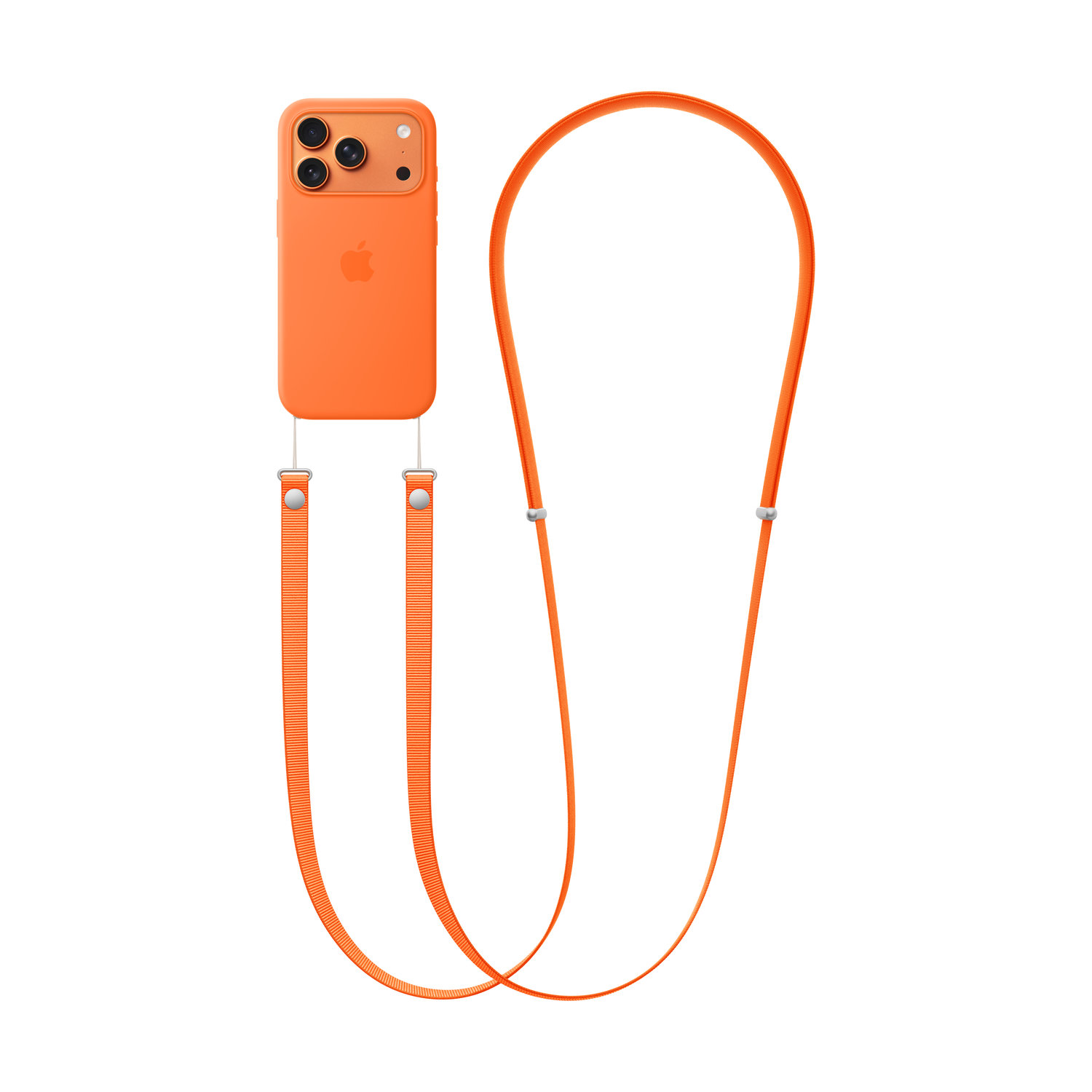 Een oranje iPhone-hoesje met een riem. De hoes heeft een Apple-logo en een camerabult. De riem is ook oranje, met zilveren metalen bevestigingen.