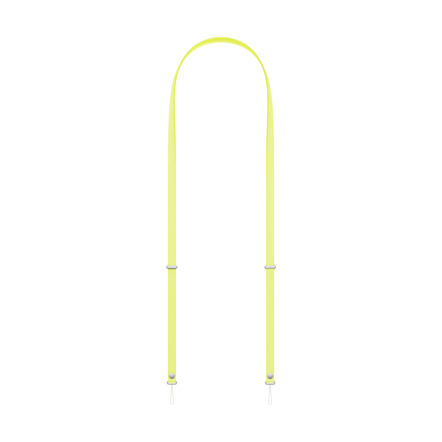 Een gele riem met metalen sluitingen hangt tegen een zwarte achtergrond. De riem vormt een boog.