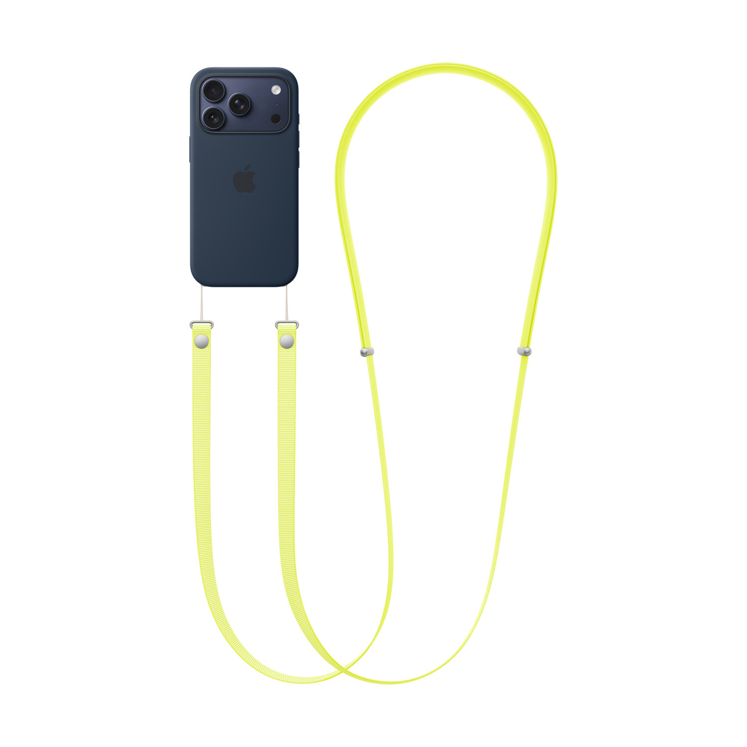 Een donkerblauwe iPhone met een gele lanyard. De telefoon heeft drie camera's en een Apple-logo. De lanyard is felgeel.