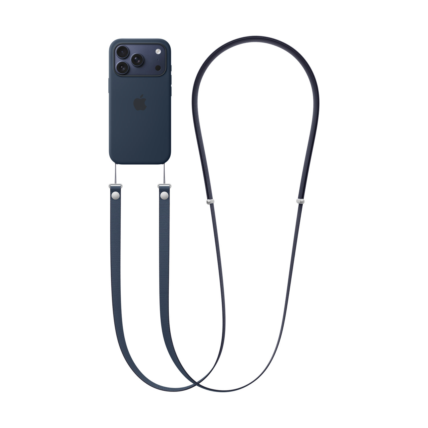 Een marineblauwe iPhone met een koord, op een witte achtergrond. De telefoonhoes heeft een bijpassende band.