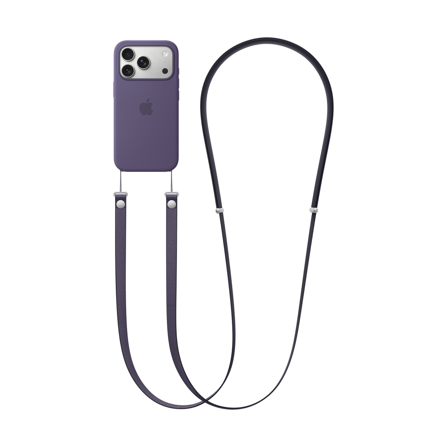 Een paarse iPhone-hoes met een zwarte lanyard. De hoes heeft een Apple-logo. De lanyard is verbonden met de hoes en hangt naar beneden.