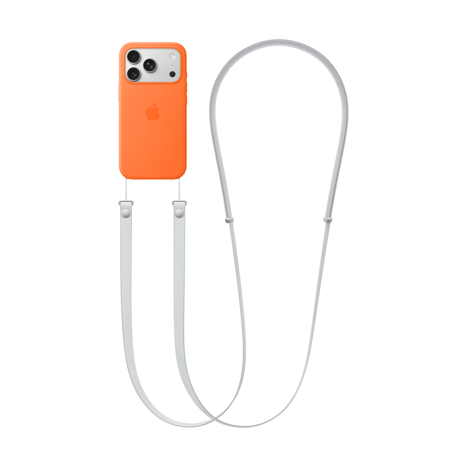 Oranje telefoonhoesje met witte band. De telefoon staat verticaal en toont de camera en het Apple-logo. De band is gelust.