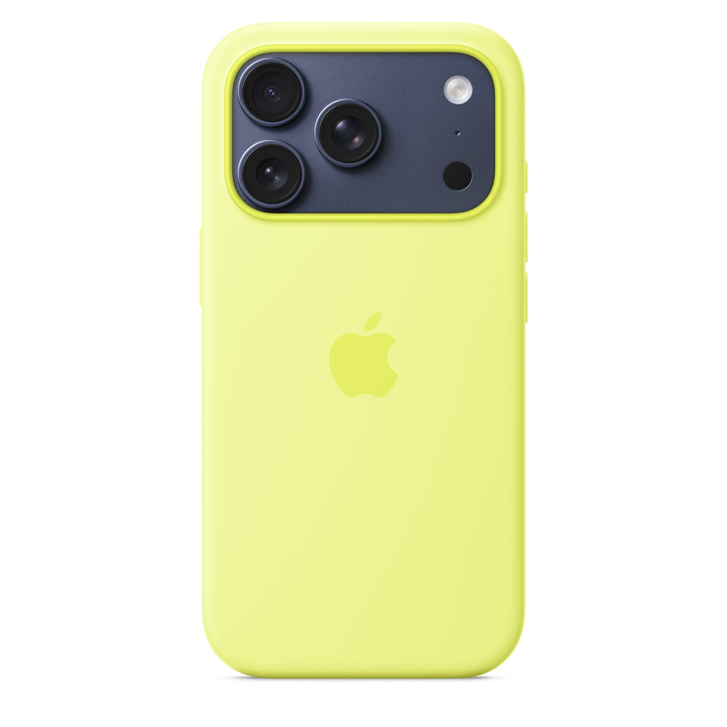 Un iPhone jaune dans un étui assorti. Il possède une bosse pour l'appareil photo avec trois lentilles et un flash, et le logo Apple est visible.
