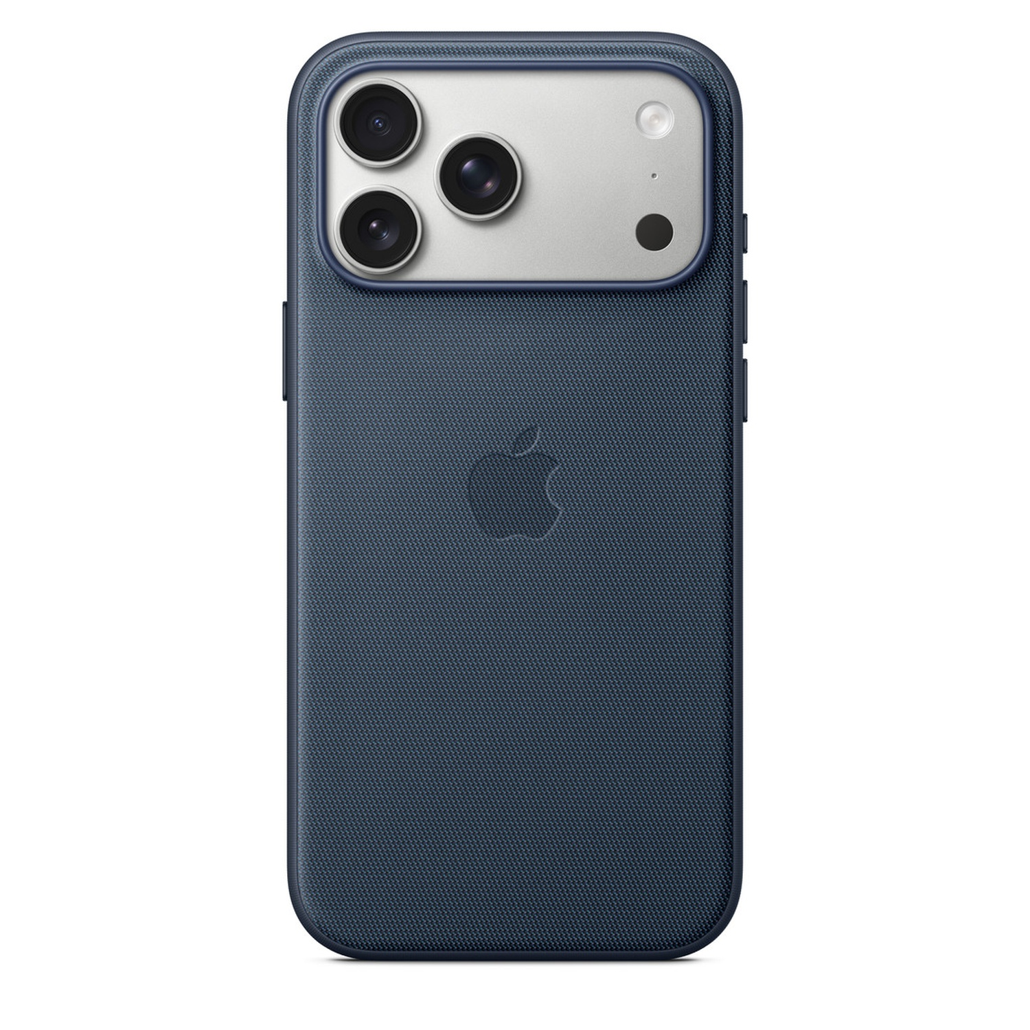A dark blue iPhone with a silver camera module, featuring three lenses and a flash. The Apple logo is visible on the back.