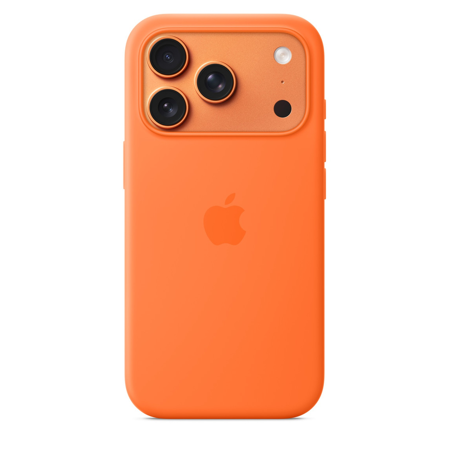 Une coque orange pour iPhone avec des lentilles de caméra et un logo Apple. Elle est de couleur orange vif.