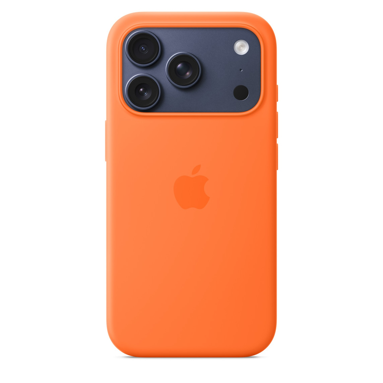 Une coque orange pour iPhone avec une section caméra bleu foncé. Elle a trois lentilles, un flash et le logo Apple.