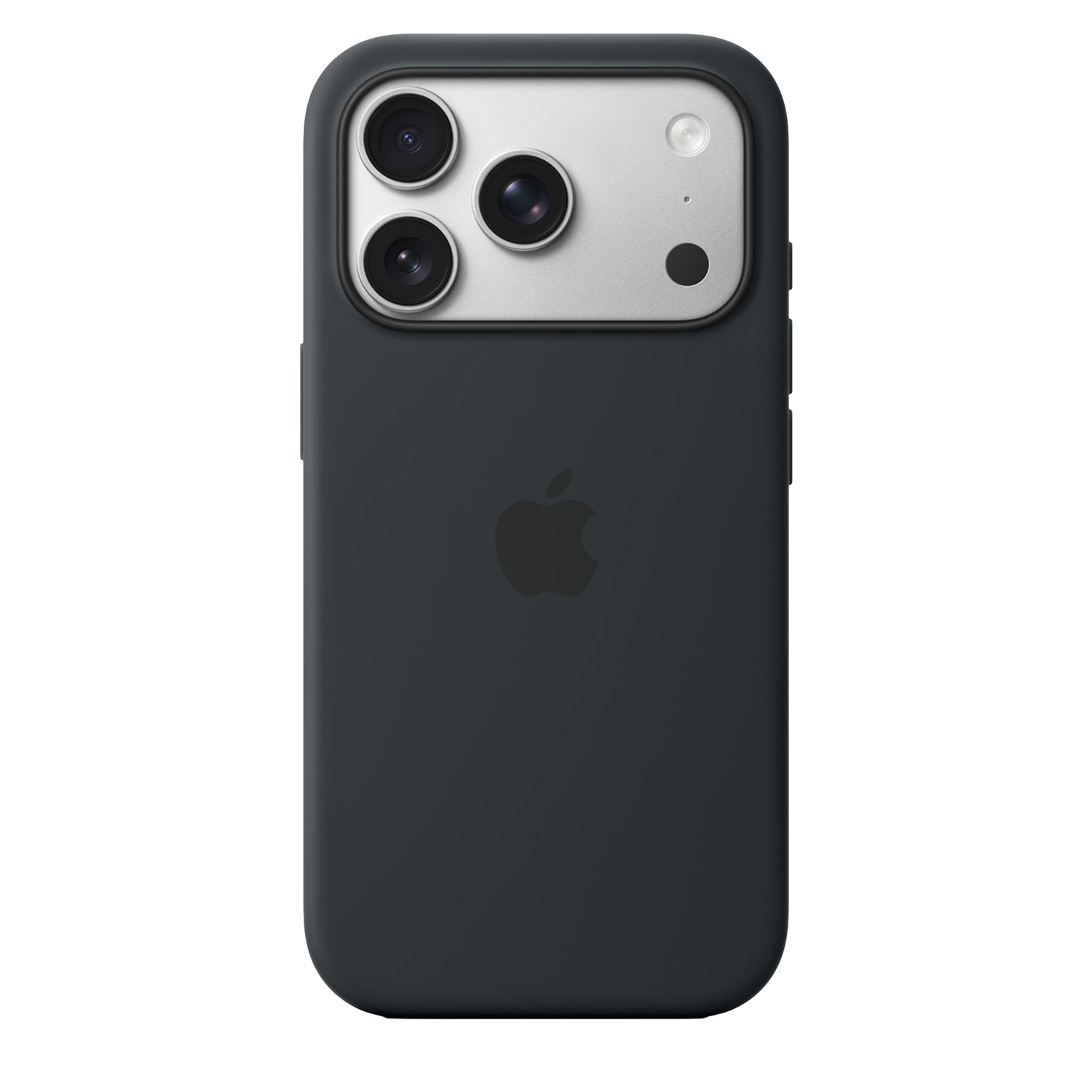 Un iPhone gris foncé avec trois caméras, un flash et un logo Apple. Le téléphone est dans un étui gris foncé.