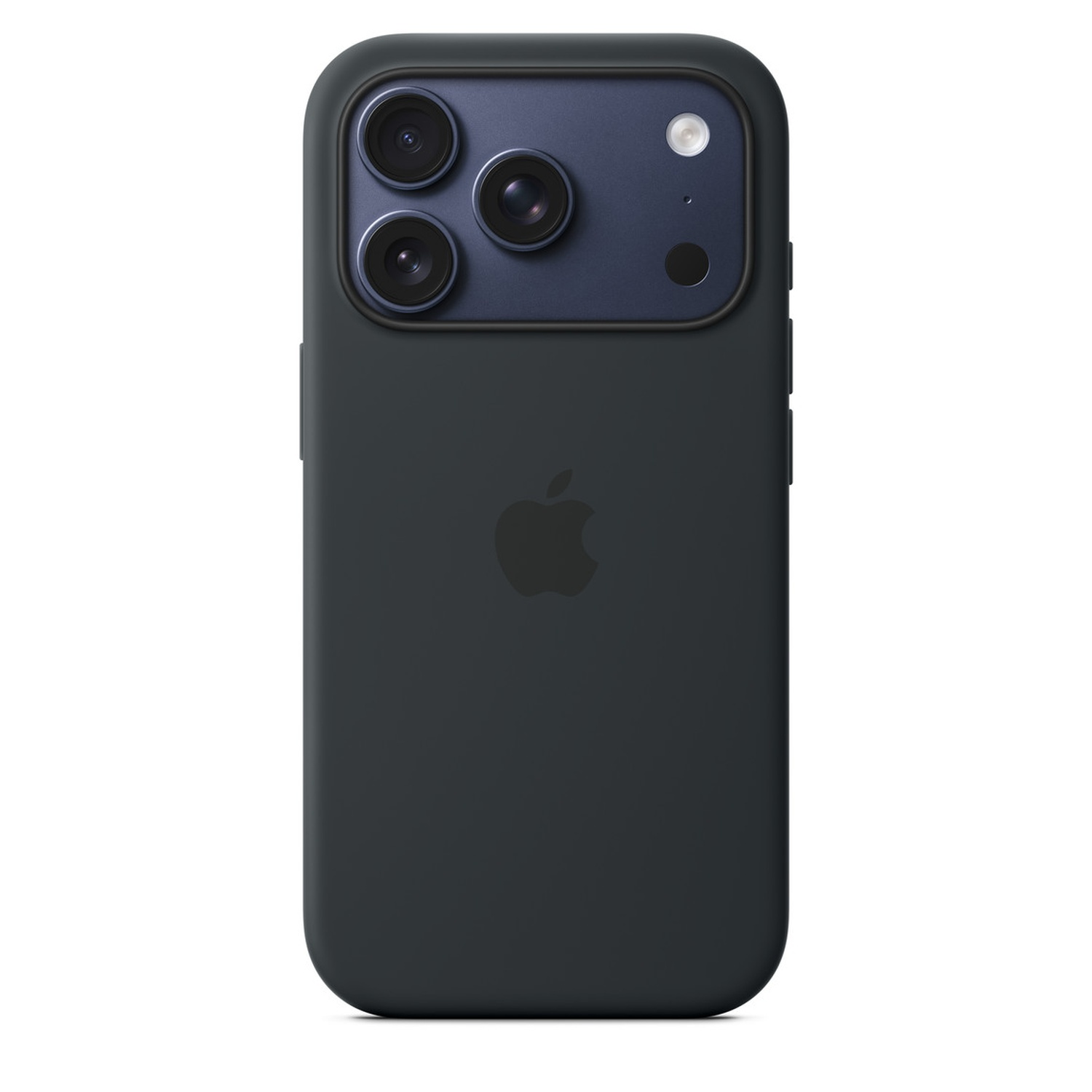 Un iPhone noir avec un étui. Trois caméras, un flash et le logo Apple sont visibles. Le fond est blanc.