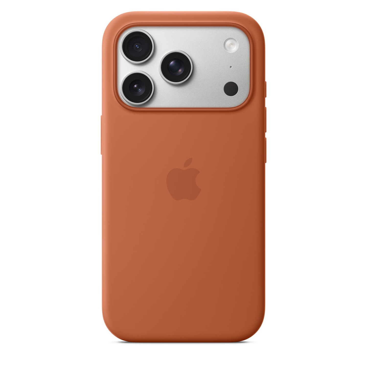 Une coque de téléphone orange avec trois caméras. Le logo Apple est visible. Le fond est blanc.