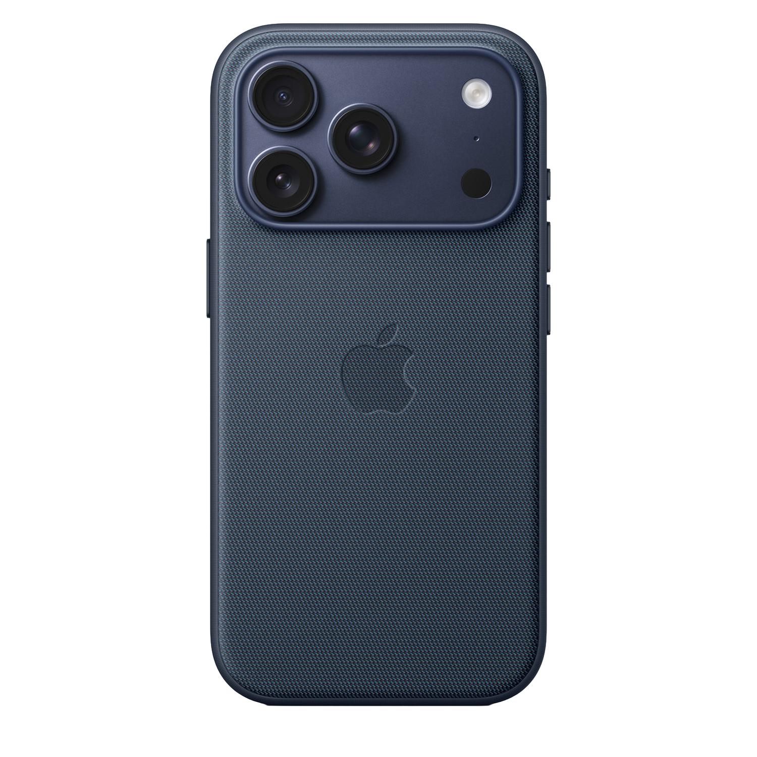Un iPhone bleu foncé avec trois caméras, un flash et un logo Apple au dos. L'étui a une surface texturée.