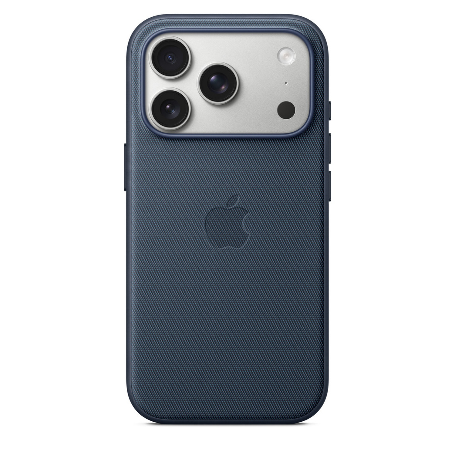 Une coque d'iPhone bleu marine avec trois objectifs d'appareil photo et un flash. Le logo Apple est visible. La coque a une surface texturée.