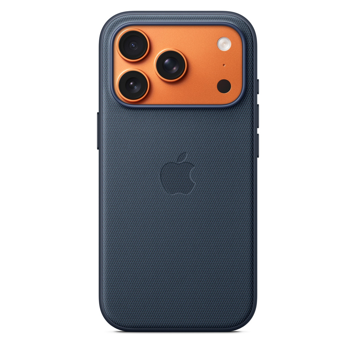 Un iPhone bleu foncé avec un module caméra orange. Il possède trois objectifs et un flash. Le logo Apple est au dos.