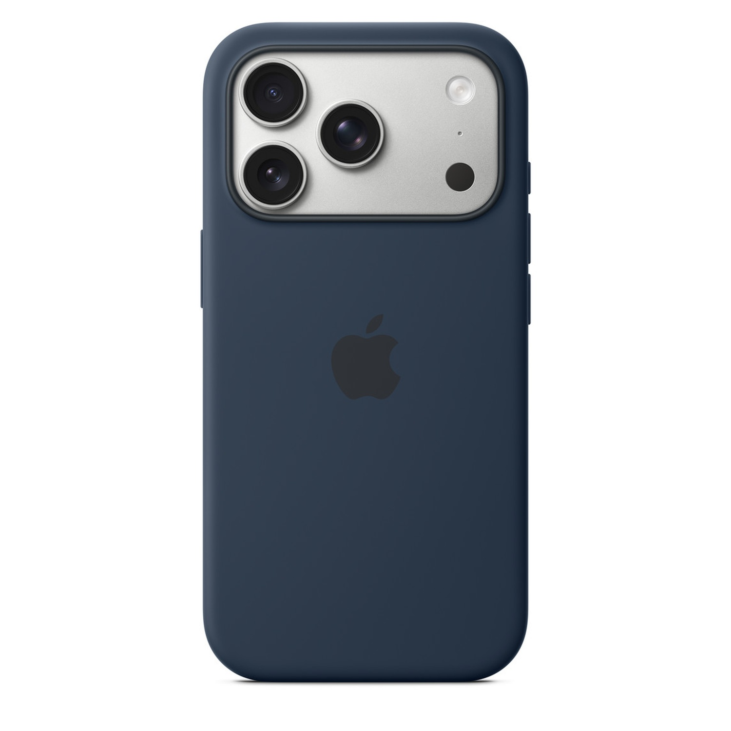 Een marineblauwe iPhone-hoes met een zilveren cameramodule en het Apple-logo. De hoes heeft een matte afwerking en staat op een witte achtergrond.