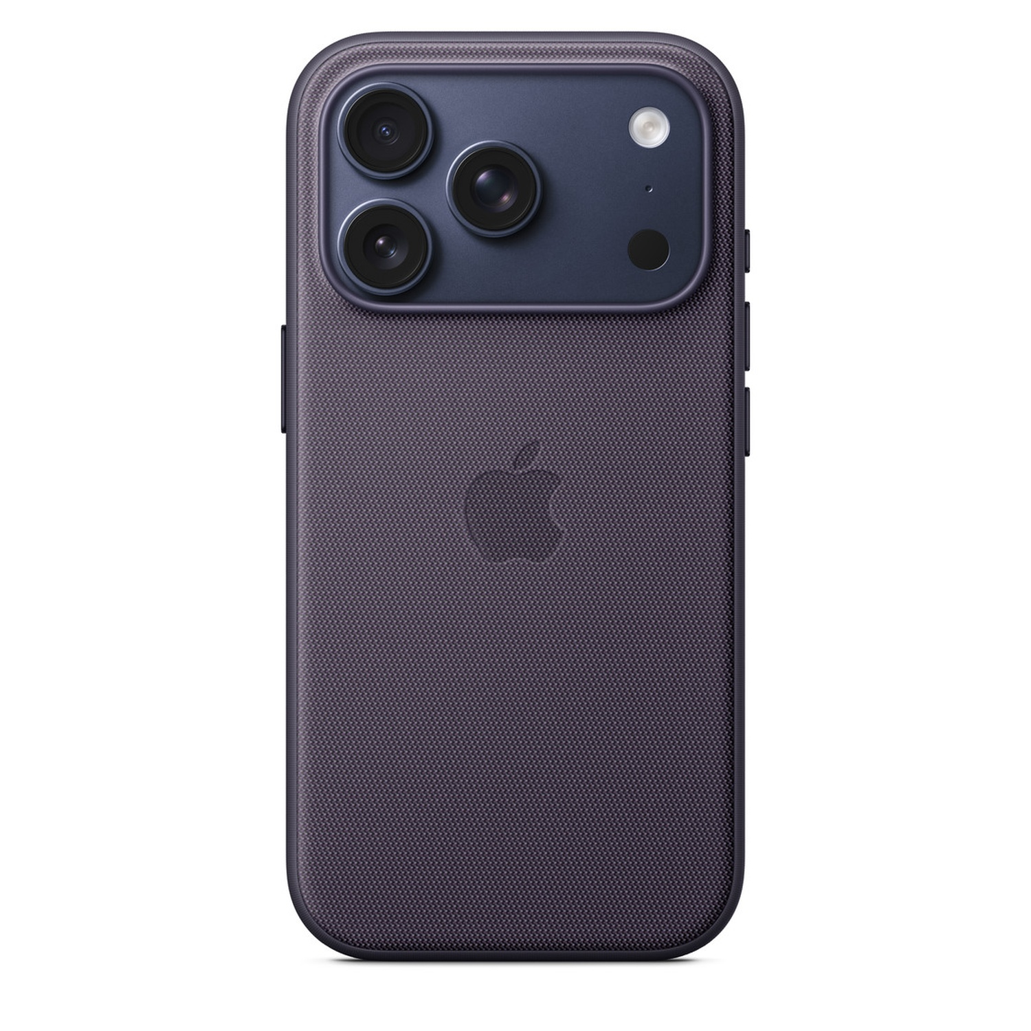 A purple iPhone case with a textured back. It has three camera lenses and a flash. The Apple logo is visible.