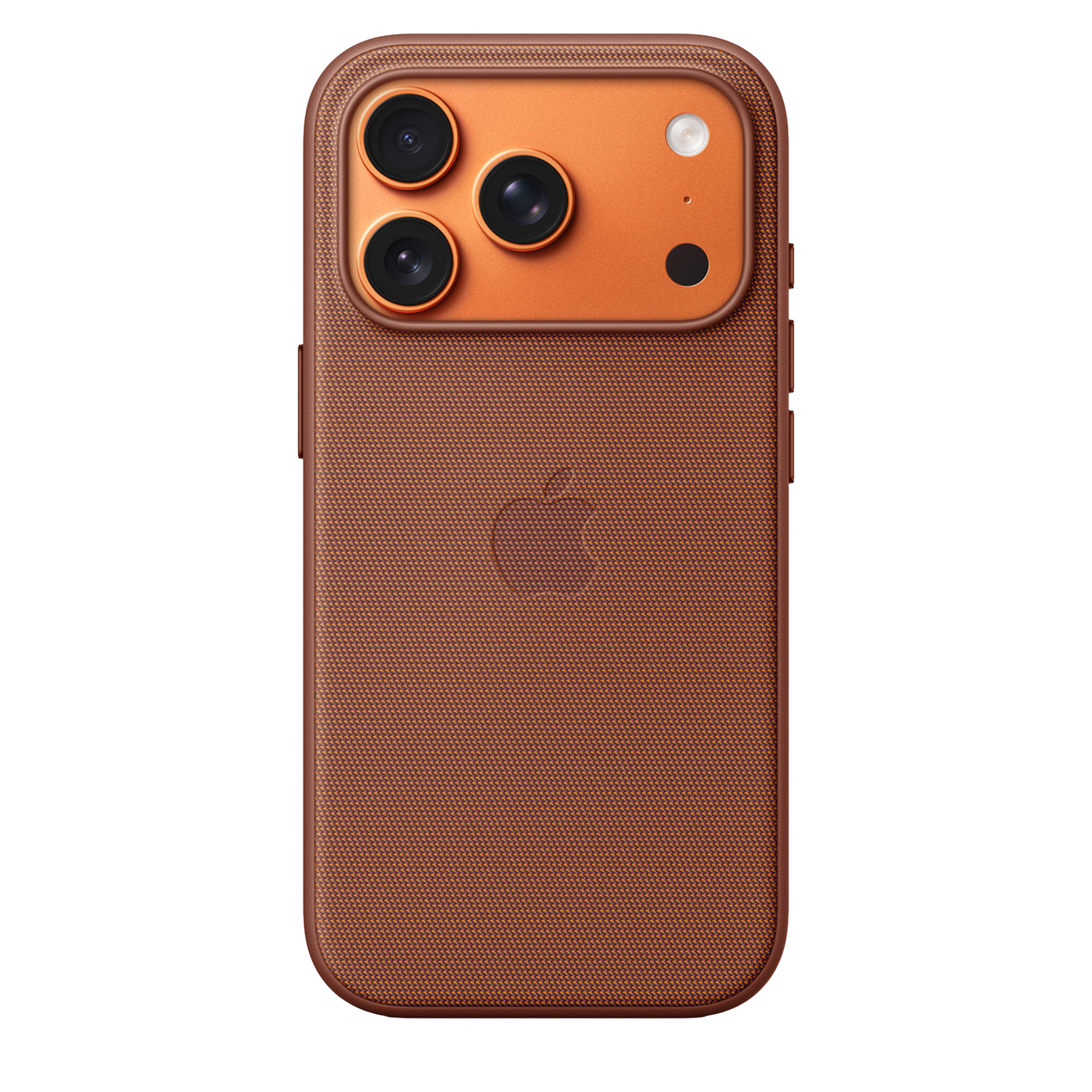 Une coque d'iPhone marron avec un dos texturé. Elle possède une bosse de caméra avec trois lentilles et un flash, ainsi que le logo Apple.
