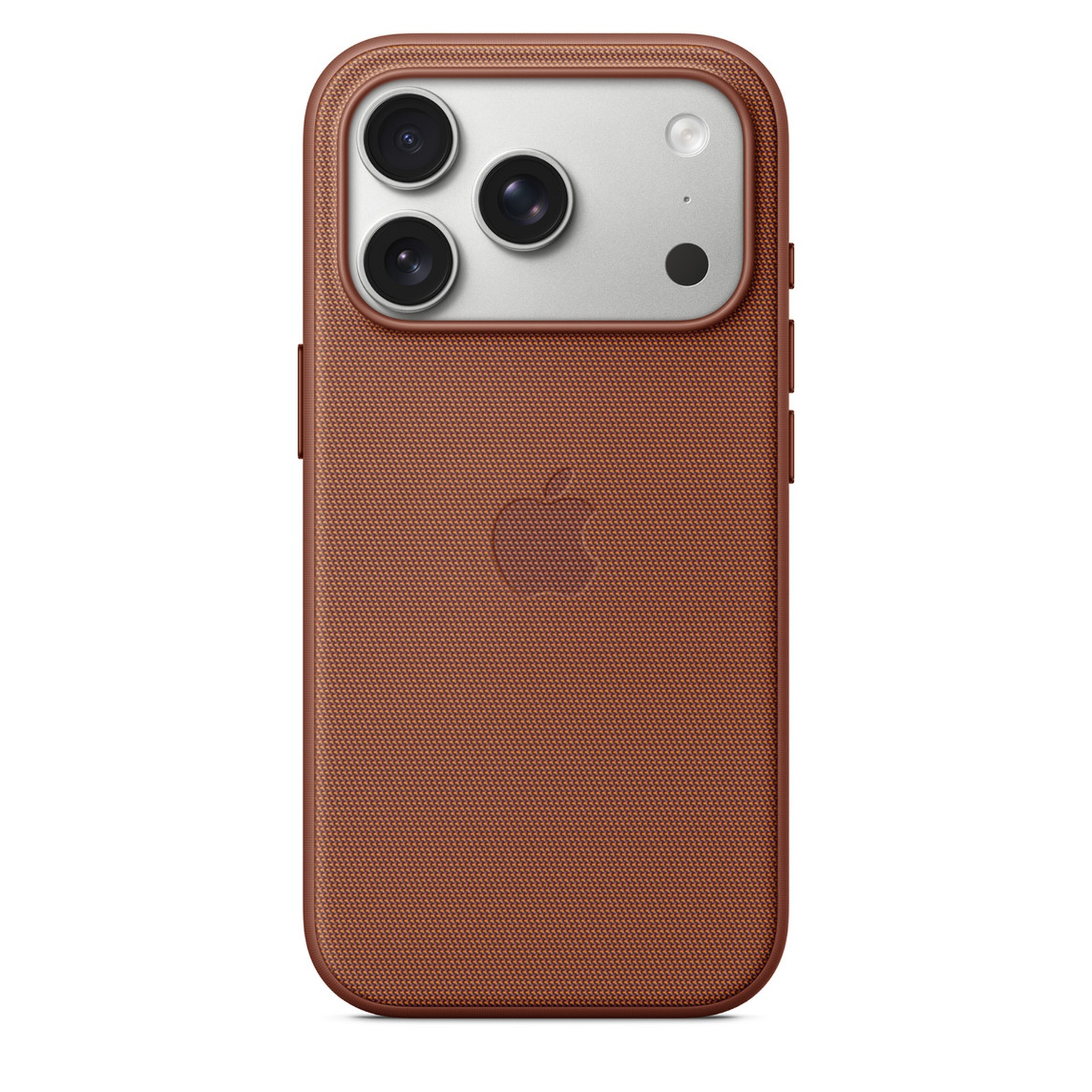 Une coque d'iPhone marron avec une surface texturée. Elle comporte plusieurs objectifs d'appareil photo et un logo Apple. La coque couvre le téléphone.
