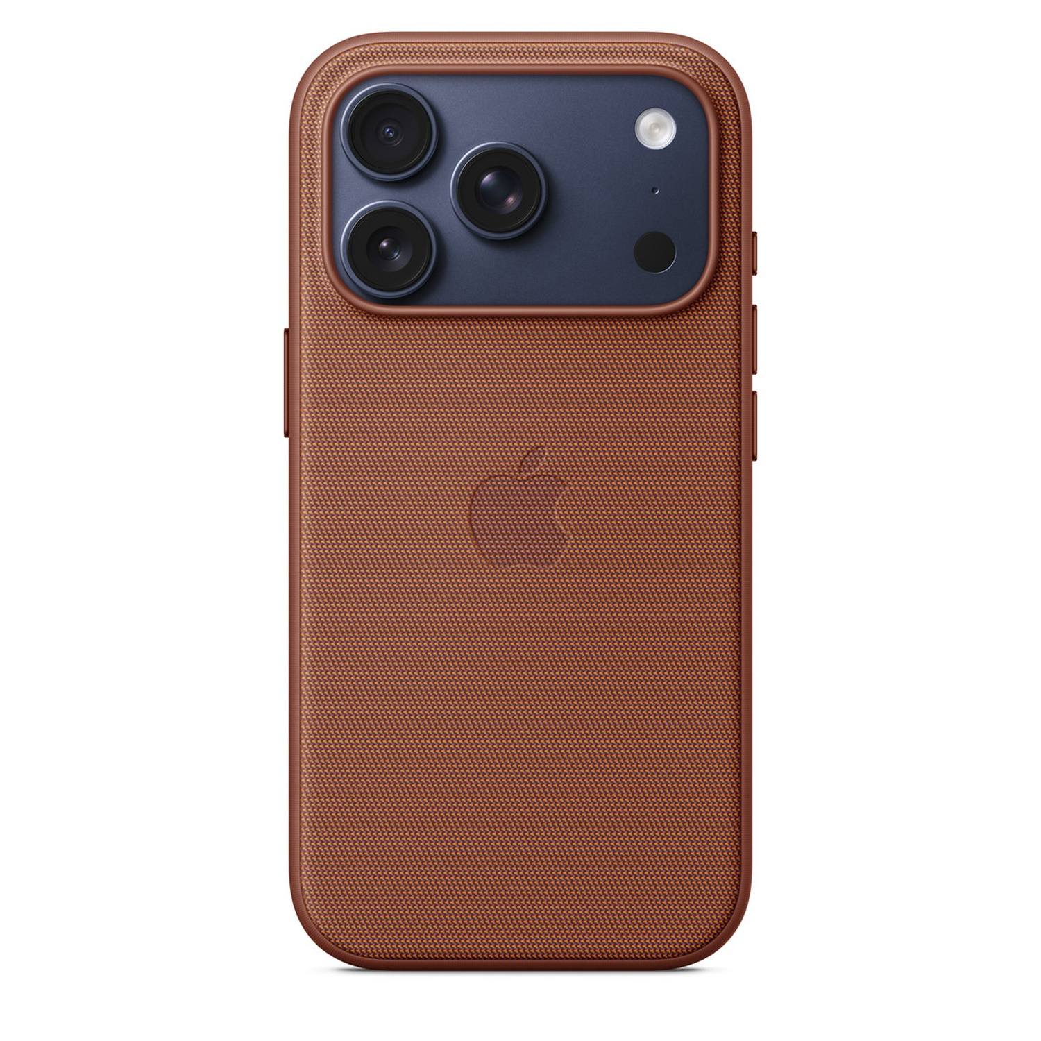 Une coque iPhone marron avec un module caméra bleu. La coque a le logo Apple et trois objectifs.