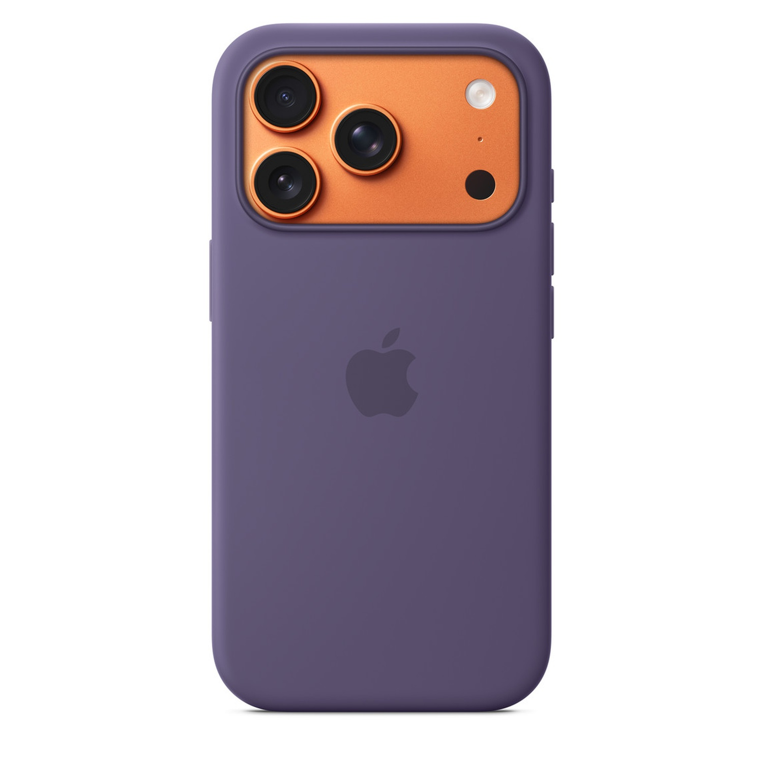 Coque d'iPhone violette avec zone caméra orange. Trois objectifs, logo Apple. La coque est sur fond blanc.