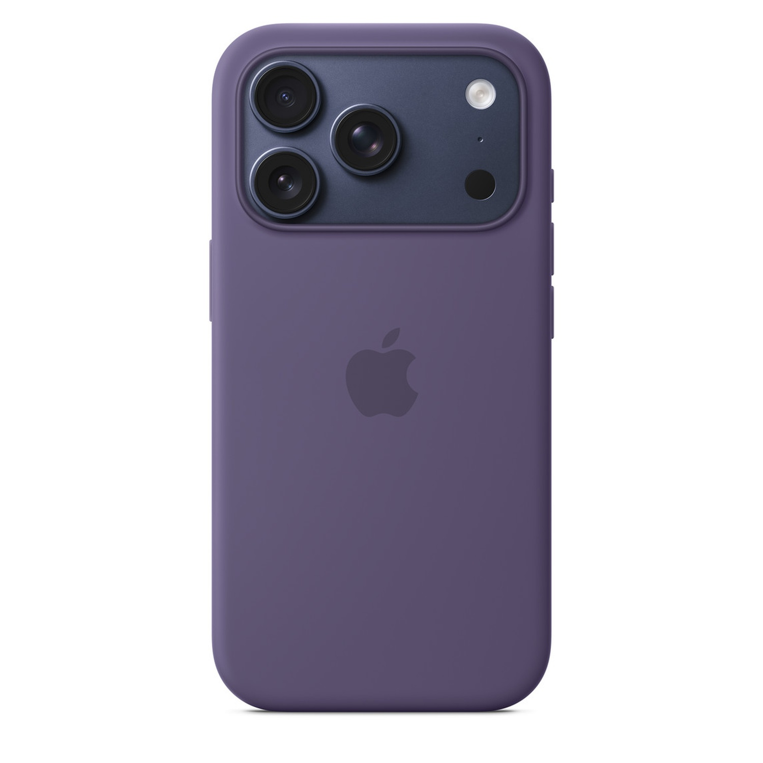 Une coque d'iPhone violette avec trois objectifs et un flash. Le logo Apple est visible. Le fond est blanc.