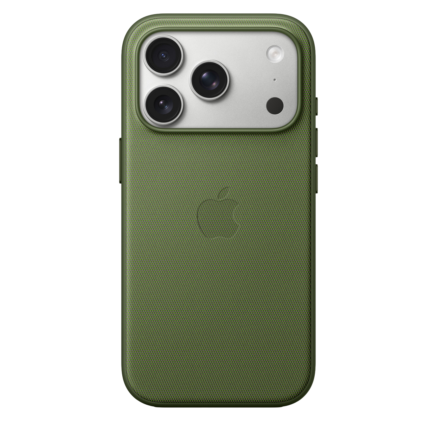 iPhone vert avec étui, trois caméras et flash. Logo Apple au dos. L'étui a une surface texturée.